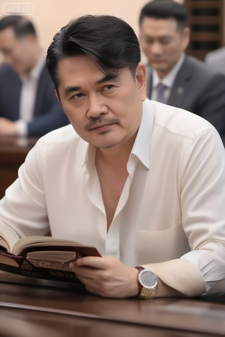 质量词: masterpiece, best quality, amazing quality, very aesthetic, absurdres, highres, newest
画面风格: realistic, blurry background, simple background, white background
人物: 1man, middle - aged man, male focus, solo, asian, mature male
人物特征: facial hair, black hair, black eyes, closed mouth, lips, thick eyebrows, short hair
事件: looking at the audience 

需要注意的是,原提示词中的“blurry”表述与高质量画面有冲突,在实际使用时可能需要斟酌,高质量画面一般不希望出现模糊效果。 