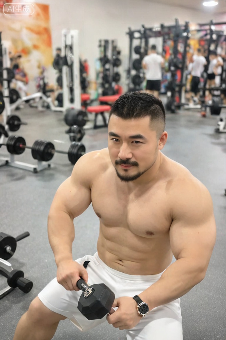 质量词: masterpiece, best quality, amazing quality, very aesthetic, absurdres, highres, newest,
画面风格: realistic, blurry background, simple background,
人物特征:1man,solo,looking at viewer,facial hair,pectorals,watch,wristwatch,chest hair,arm hair,crew cut,Fat covered muscle physique,topless,mustache,
人物服饰:shoes,white footwear,pants,white pants,sneakers,
人物事件:indoors, gym, gym environment, working out, fitness, using gym equipment (e.g., dumbbell, barbell, gym bench), gym floor, gym mirror, gym lighting, post-workout (or in-workout) state, sweat soaking into pants waistband, sweat dripping onto gym floor