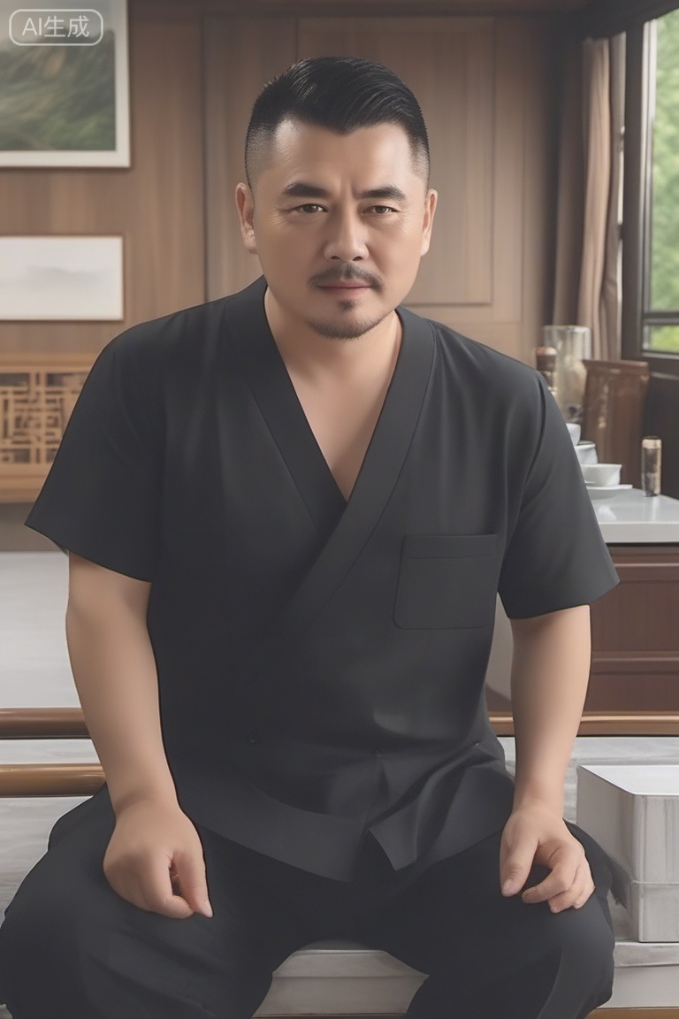 质量词: masterpiece, best quality, amazing quality, very aesthetic, absurdres, highres, newest
画面风格: realistic, blurry background, simple background, white background
人物: 1man, middle - aged man, male focus, solo, mature male,crew cut,topless,
人物特征: facial hair, black hair, black eyes, closed mouth, lips, thick eyebrows, short hair
事件: looking at view,