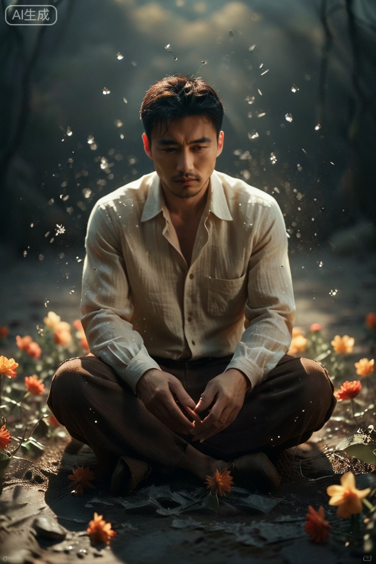 70mm,asian male,40 years old,((best quality)),((masterpiece)),glowing dust,bokeh,glass,broken glass,sunlight,1man raises his hands in the dark,with flowers on the ground around him,surreal dramatic lighting,Alessio Albi,Dramatic Dreamlike lighting,Surreal lighting,Brooke Shaden details,Volume Light,Surreal,extreme space photography,dramatic understated lighting,inspired by Brooke Shaden,dramatic mysterious lighting,breaking out of the ground,in a dark room,masculine features,subtle wrinkles,natural skin texture,neat short hair,fit physique,gentle yet profound gaze,soft shadow on face,textured clothing (e.g., linen shirt),