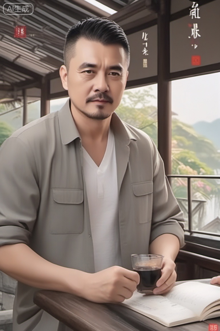 质量词: masterpiece, best quality, amazing quality, very aesthetic, absurdres, highres, newest
画面风格: realistic, blurry background, simple background, white background
人物: 1man, middle - aged man, male focus, solo, mature male,crew cut,topless,
人物特征: facial hair, black hair, black eyes, closed mouth, lips, thick eyebrows, short hair
事件: looking at view,,Teared top, ragged top