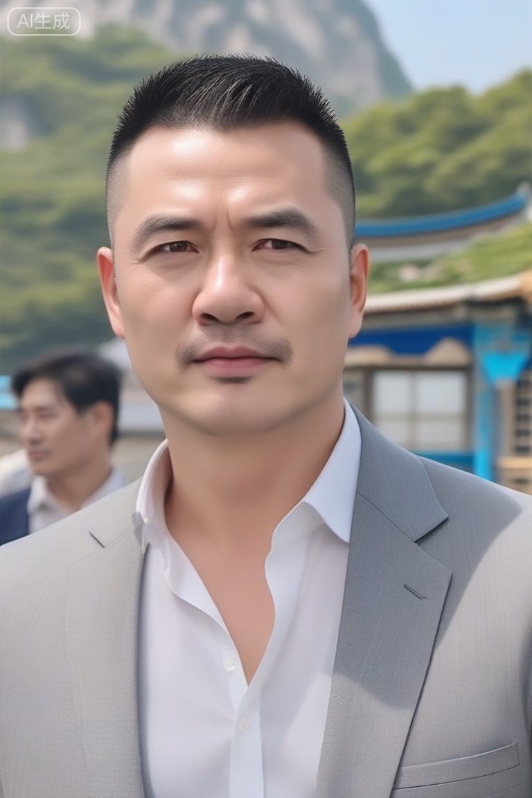 质量词: masterpiece, best quality, amazing quality, very aesthetic, absurdres, highres, newest
画面风格: realistic, blurry background, simple background, white background
人物: 1man, middle - aged man, male focus, solo, mature male,crew cut,topless,handsome,
人物特征: facial hair, black hair, black eyes, closed mouth, lips, thick eyebrows, short hair
事件: looking at view,,Teared top, ragged top