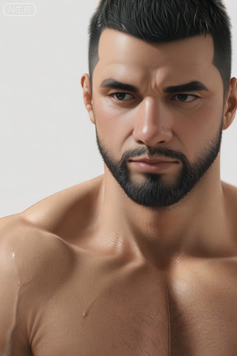 质量词: masterpiece, best quality, amazing quality, very aesthetic, absurdres, highres, newest
画面风格: realistic, blurry background, simple background, white background
人物: 1man, middle - aged man, male focus, solo, mature male,crew cut,topless,handsome,
人物特征: facial hair, black hair, black eyes, closed mouth, lips, thick eyebrows, short hair
事件: looking at view,,Teared top, ragged top,Kyle Crane,