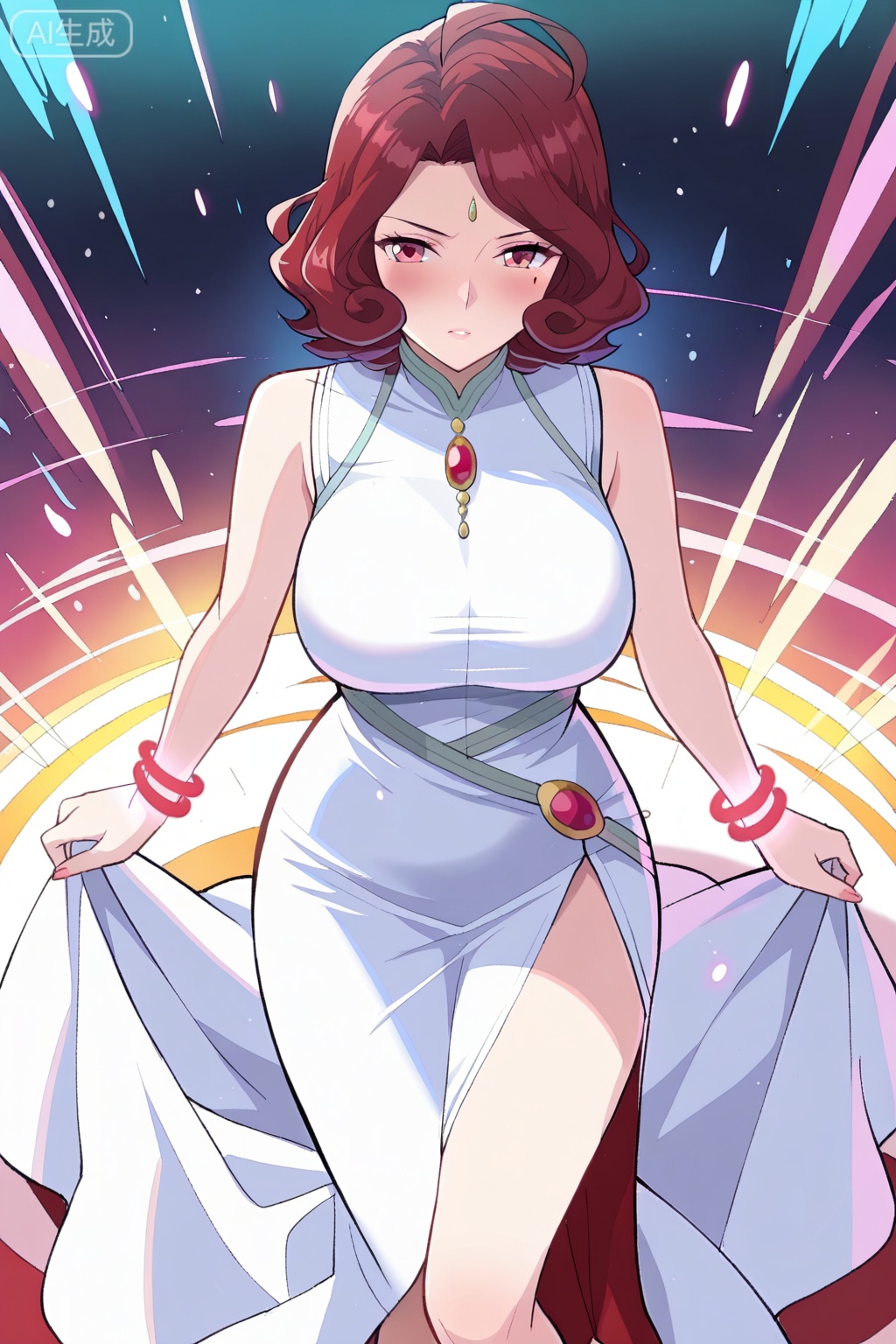 best quality,amazing quality,1girl, solo, mature female, red hair, short hair, wavy hair, curled hair, ahoge, red eyes, mark under eyered and white dress, high slit dress, sleeveless, gemstone accessory,  elegant dress, 



 futuristic jewelry, glowing bracelets, asymmetrical skirt,玄衣,