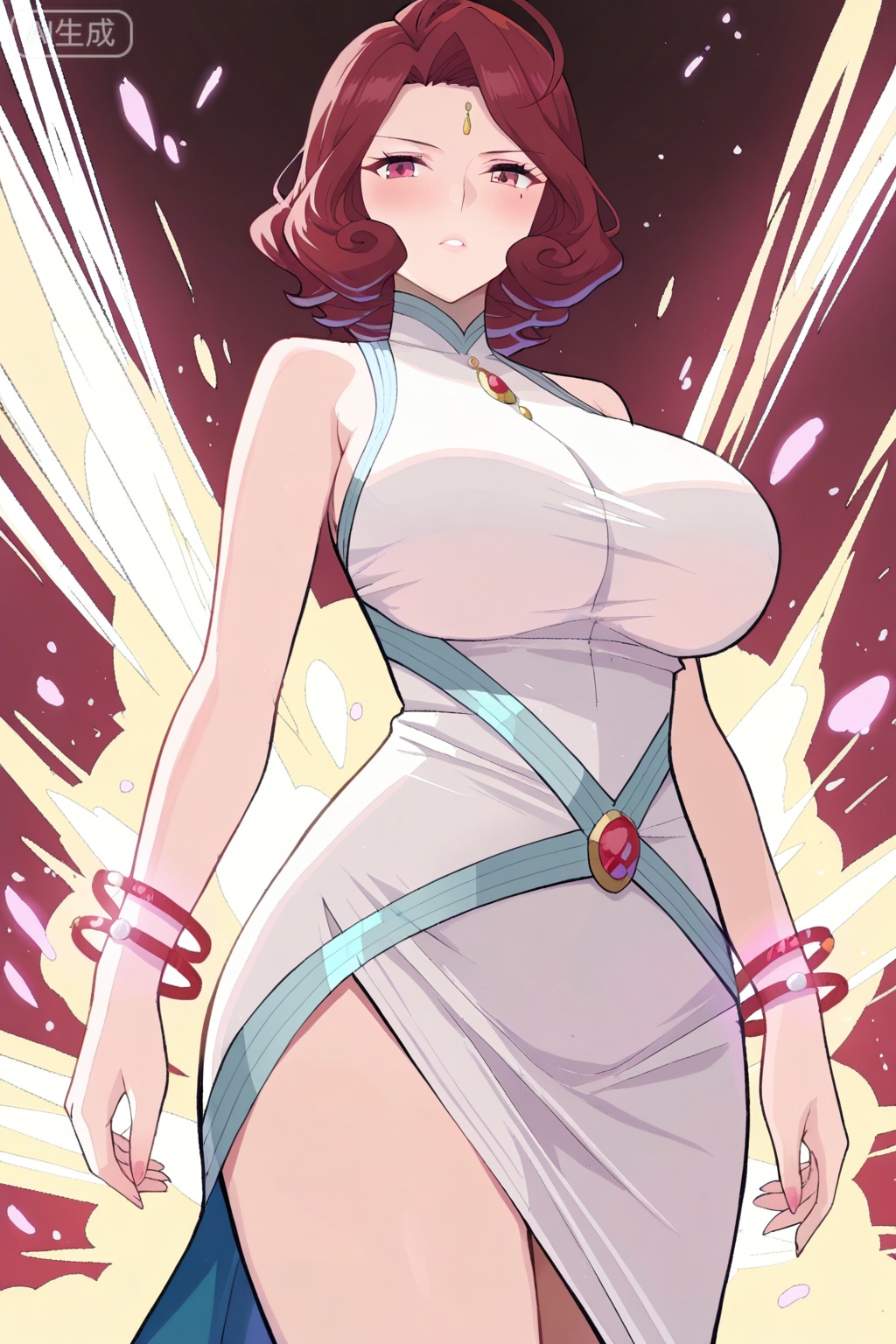 best quality,amazing quality,1girl, solo, mature female, red hair, short hair, wavy hair, curled hair, ahoge, red eyes, mark under eyered and white dress, high slit dress, sleeveless, gemstone accessory,  elegant dress, 



 futuristic jewelry, glowing bracelets, asymmetrical skirt,玄衣,