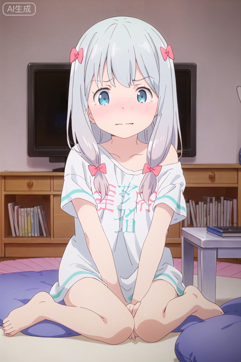 1girl,solo,long hair,blue eyes,bow,(sitting:1.3),hair bow,grey hair,barefoot,pink bow,t-shirt,clothes writing,izumi sagiri,,loli,small_breasts,masterpiece,best quality,official art,extremely detailed CG unity 8k wallpaper,indoors,pillow,television,bookcase,Window,Village,Sunshine,(slim:1.4),close-up,tear,wavy mouth,(nose blush:1.5),shock,,looking at viewer,(arm_support:1.2),