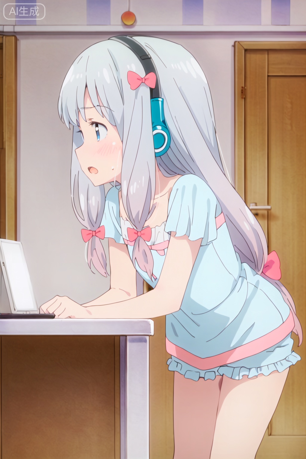1girl, solo, long hair, blush, open mouth, blue eyes, shirt, bow, standing, collarbone, short sleeves, hair bow, grey hair, shorts, indoors, from side, short shorts, profile, leaning forward, headphones, blue shirt, pink bow, low-tied long hair, pajamas, frilled shorts, izumi sagiri