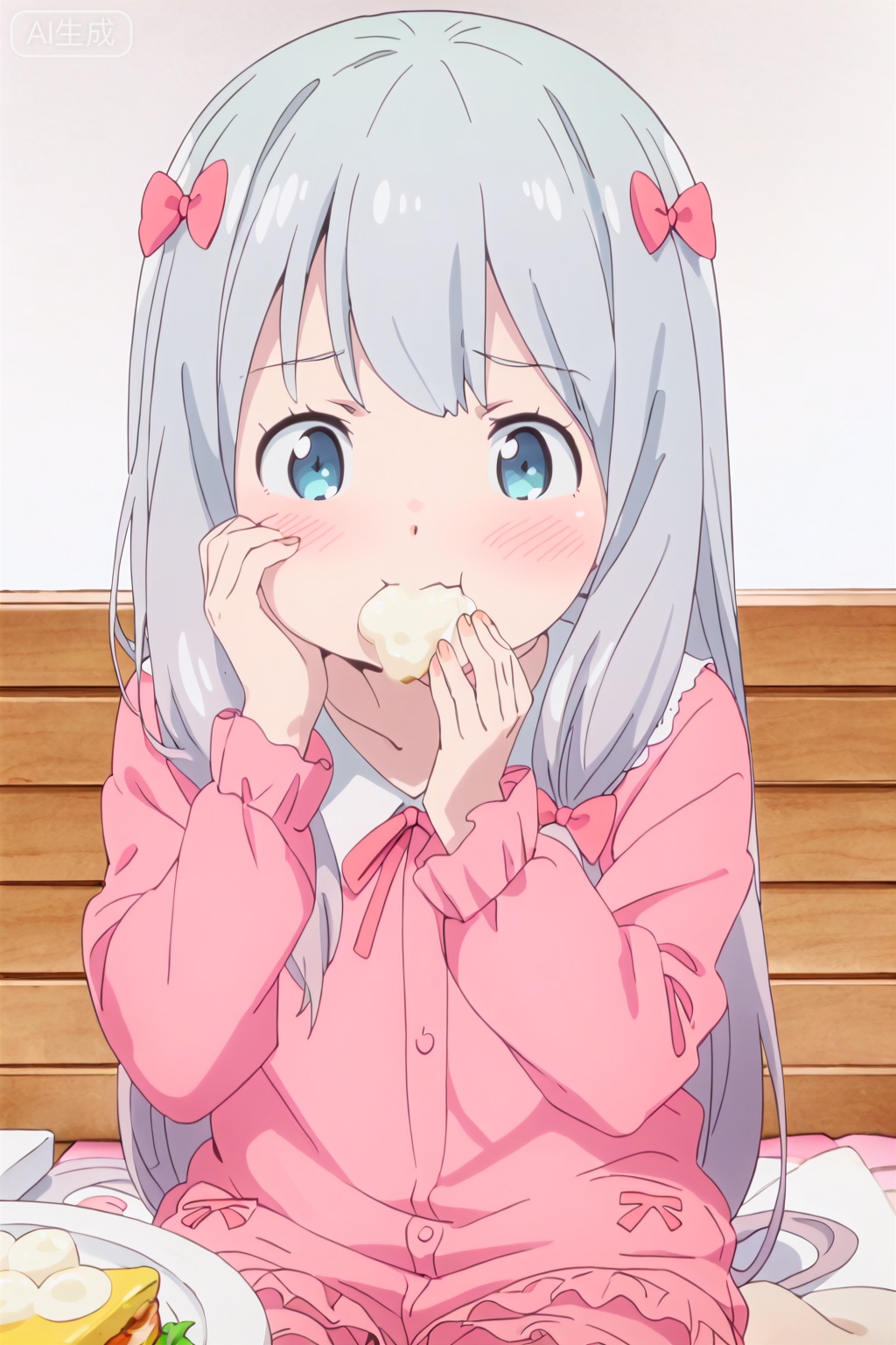 1girl, solo, long hair, blush, blue eyes, bow, sitting, hair bow, grey hair, food, eating, pink bow, hand on own face, + +, pajamas, :t, hand on own cheek, omelet, izumi sagiri