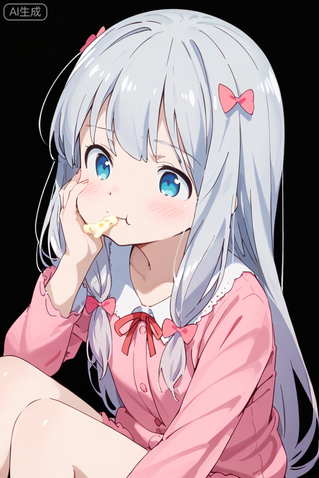 1girl, solo, long hair, blush, blue eyes, bow, sitting, hair bow, grey hair, food, eating, pink bow, hand on own face, + +, pajamas, :t, hand on own cheek, omelet, izumi sagiri
