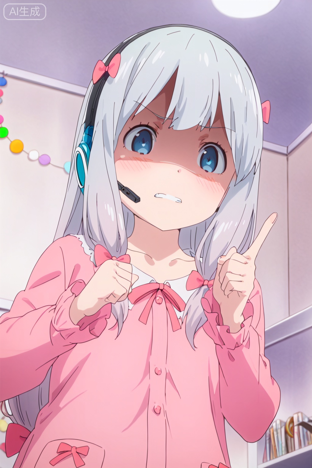 1girl, solo, long hair, blush, bangs, blue eyes, bow, ribbon, closed mouth, collarbone, upper body, hair bow, grey hair, indoors, headphones, parody, pink bow, shaded face, headset, pajamas, pink pajamas, izumi sagiri,loli,clenched teeth,index finger raised,from below