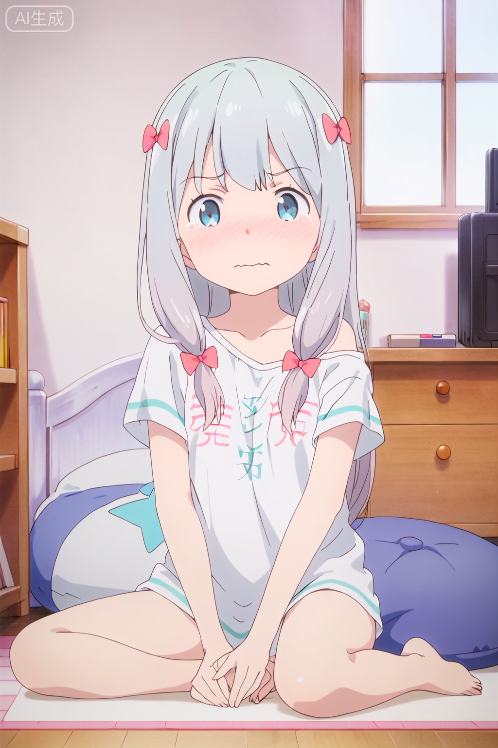 1girl,solo,long hair,blue eyes,bow,(sitting:1.3),hair bow,grey hair,barefoot,pink bow,t-shirt,clothes writing,izumi sagiri,,loli,small_breasts,masterpiece,best quality,official art,extremely detailed CG unity 8k wallpaper,indoors,pillow,television,bookcase,Window,Village,Sunshine,(slim:1.4),close-up,tear,wavy mouth,(nose blush:1.5),shock,,looking at viewer,(arm_support:1.2),