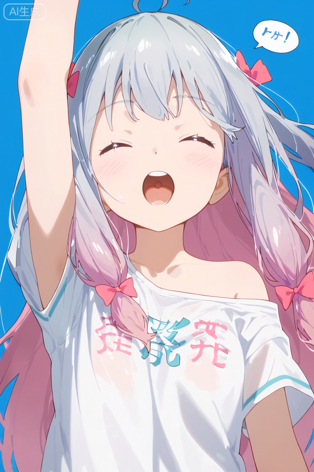 1girl, solo, long hair, blush, open mouth, shirt, bow, 2girls, closed eyes, white shirt, upper body, pink hair, short sleeves, hair bow, grey hair, multicolored hair, teeth, off shoulder, arm up, speech bubble, english text, gradient hair, upper teeth only, blue background, pink bow, t-shirt, clothes writing, facing viewer, round teeth, izumi sagiri,loli