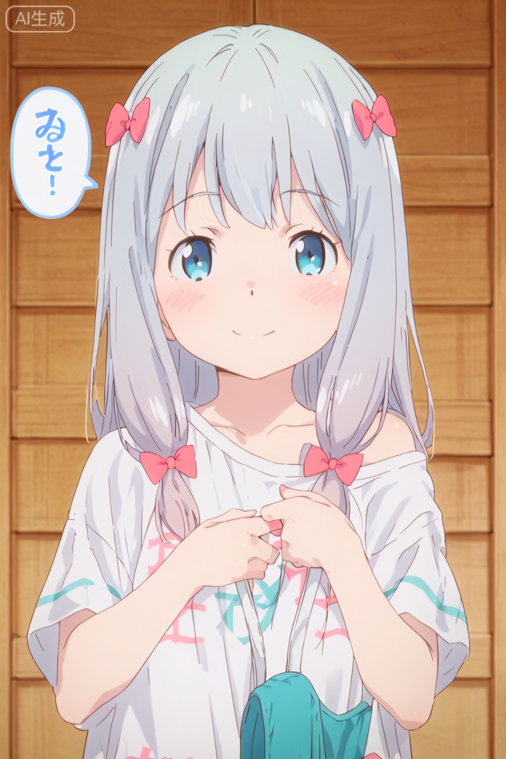 1girl, solo, long hair, looking at viewer, blush, smile, blue eyes, shirt, bow, holding, closed mouth, white shirt, upper body, hair bow, grey hair, speech bubble, pink bow, holding clothes, spoken musical note, clothes hanger, izumi sagiri