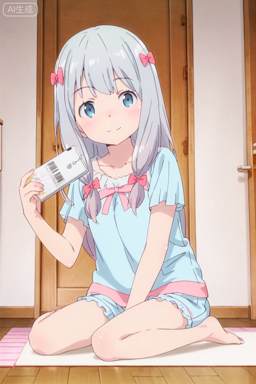 1girl, solo, long hair, looking at viewer, blush, smile, blue eyes, shirt, bow, holding, sitting, closed mouth, full body, hair bow, grey hair, shorts, barefoot, indoors, pink bow, seiza, pajamas, izumi sagiri