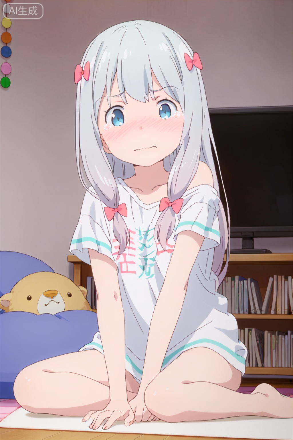 1girl,solo,long hair,blue eyes,bow,(sitting:1.3),hair bow,grey hair,barefoot,pink bow,t-shirt,clothes writing,izumi sagiri,,loli,small_breasts,masterpiece,best quality,official art,extremely detailed CG unity 8k wallpaper,indoors,pillow,television,bookcase,Window,Village,Sunshine,(slim:1.4),close-up,tear,wavy mouth,(nose blush:1.5),shock,,looking at viewer,(arm_support:1.2),