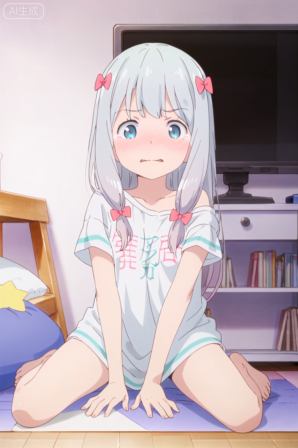 1girl,solo,long hair,blue eyes,bow,(sitting:1.3),hair bow,grey hair,barefoot,pink bow,t-shirt,clothes writing,izumi sagiri,,loli,small_breasts,masterpiece,best quality,official art,extremely detailed CG unity 8k wallpaper,indoors,pillow,television,bookcase,Window,Village,Sunshine,(slim:1.4),close-up,tear,wavy mouth,(nose blush:1.5),shock,,looking at viewer,(arm_support:1.2),
