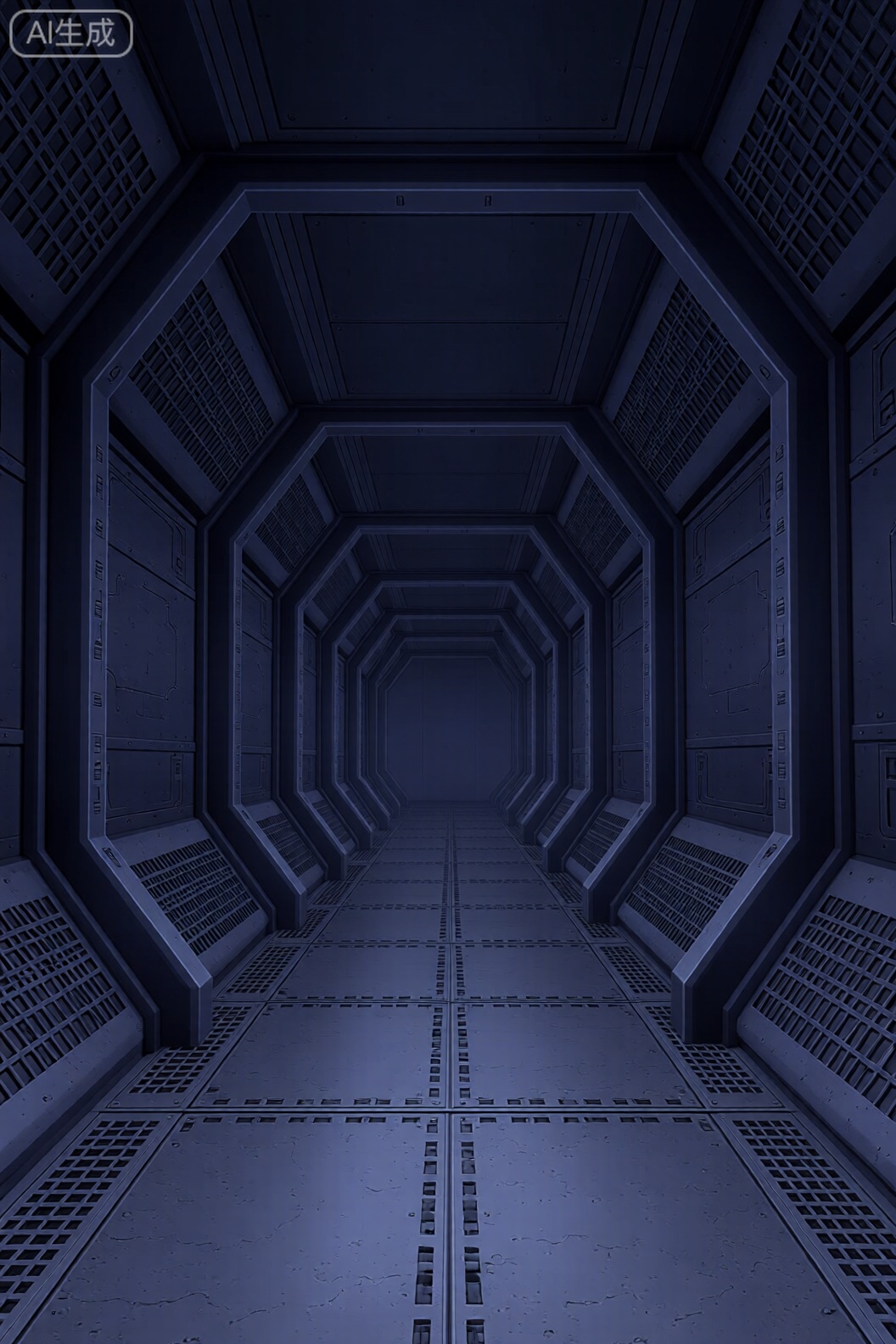A photo-realistic, futuristic, sci-fi scene from a far camera angle, depicting a long, narrow corridor with metallic walls and panels, illuminated by a dimly lit blue light. the walls are made up of grid-like panels with various geometric patterns, and the floor is made of concrete with a metallic grid pattern. the corridor is empty, with no people or objects in sight, creating a sense of depth and dimension. the overall atmosphere is dark and mysterious, with a focus on technology and science fiction. the image is high quality and has a high resolution, making it suitable for use as a background or texture.

camera_angle: from far, art_style: photo realistic, location: futuristic corridor, background: metallic walls with grid patterns, text: NA, distance_to_camera: full body, clothing: NA;NA, image_composition: middle;bottom, pants: none, accessory: none;no shoes, action: NA., facing_direction: facing viewer;facing viewer, eye_direction : NA;no pants, facial_expression: no human;no human, ear: no eye_color: blue, gender: no person;no person, hair_color : dark;no hair, hair style: none
