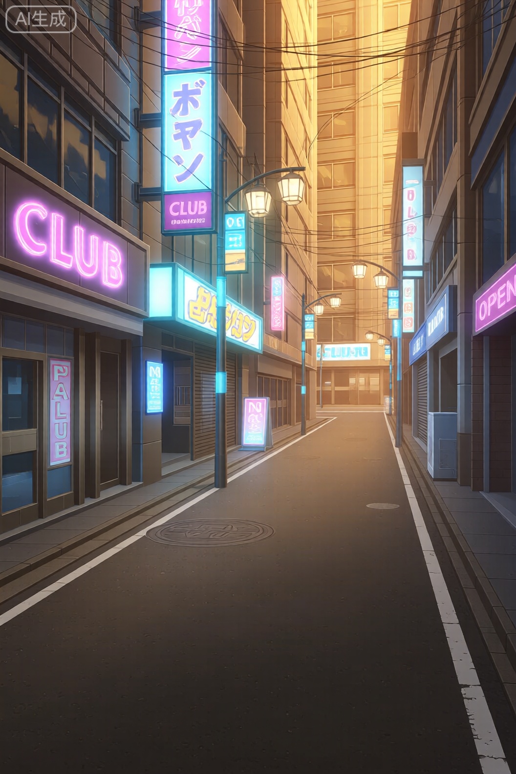 A digital illustration shoot from the side about a futuristic city street scene with neon signs and buildings in an urban setting. the image also shows a deserted street in the middle of the image, with a narrow street lined with buildings on both sides. on the left side of the street, there are several colorful neon signs with japanese characters, including war and pachinko prominently displayed, along with a clUB sign and a open sign. the street is empty, with no cars or people in sight, and there are no signs on the buildings. the scene is lit up with a warm, golden light, casting a soft glow on the signs and the surrounding area.

camera_angle: from side, art_style: digital illustration, location: urban street, background: buildings with signs and signage, text: NA, distance_to_camera: full body, clothing: NA;NA;NA, image_composition: left;right, pants: none;no pants, accessory: ready sign;no shoes;no accessory, shoes: no pants;no action: standing;standing;standing, facing_direction: facing viewer;facing viewer, facial_expression: no human;no human, ear: no ear;no eye_color;no face, gender: no person;no person, hair_color: blue;no hair, hair style: medium;no ear;NA