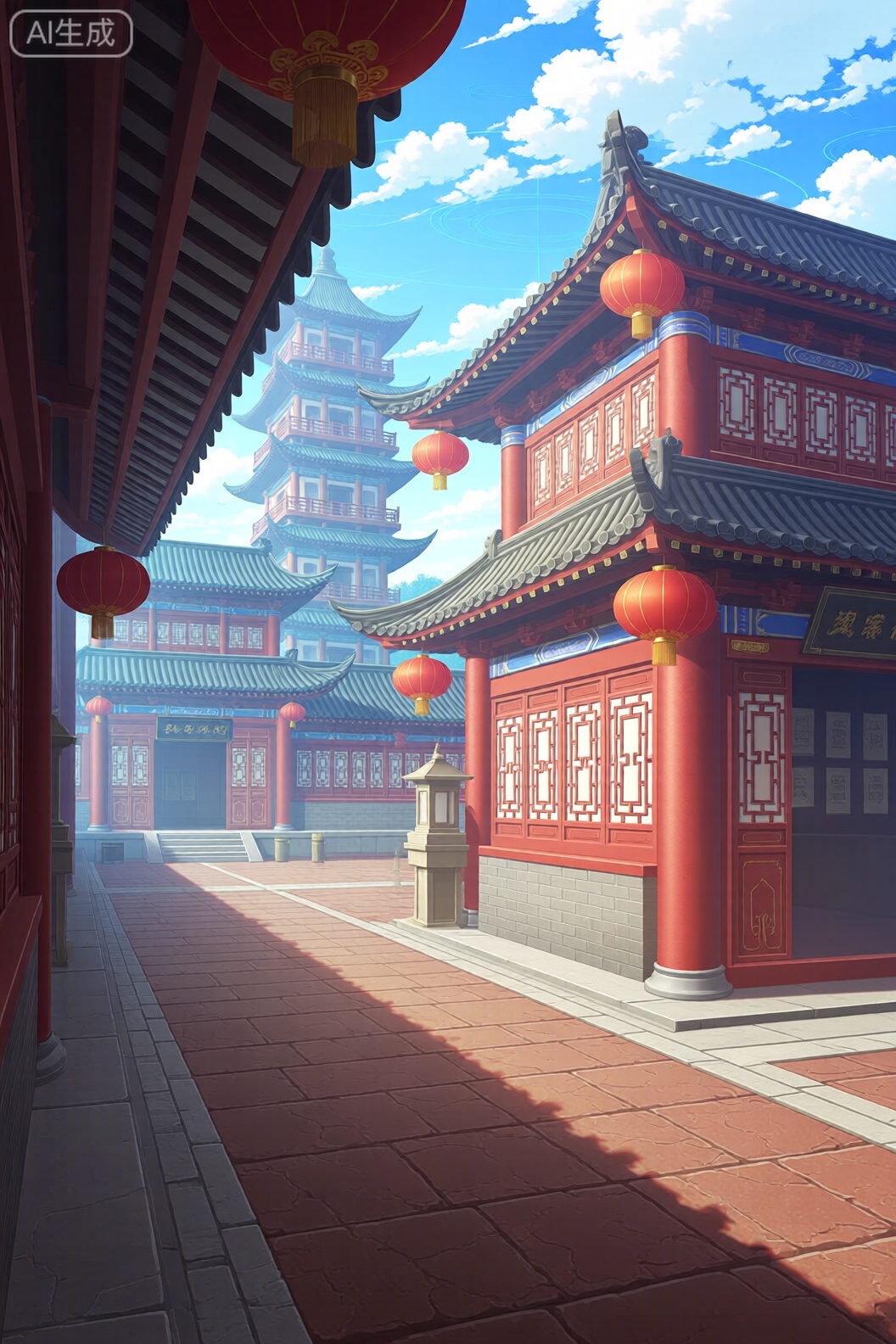 A digital illustration shoot from a far camera angle about a traditional chinese architecture courtyard with pagodas and lanterns, set against a bright blue sky with fluffy white clouds. the image also shows a detailed view of the architecture, including red lanterns hanging from the roof, and a tall pagoda tower in the background. on the right side of the image, a red-tiled building with intricate architectural details and a wooden door is visible, along with a tiled pathway leading to the pagoda. the building has multiple windows and ornate details, and the lanterns add a touch of color and vibrancy to the scene.

outdoors, sky, day, cloud, blue sky, building, architecture, cloudscape, lantern, architecture details, pagoda, architecture background, red lantern