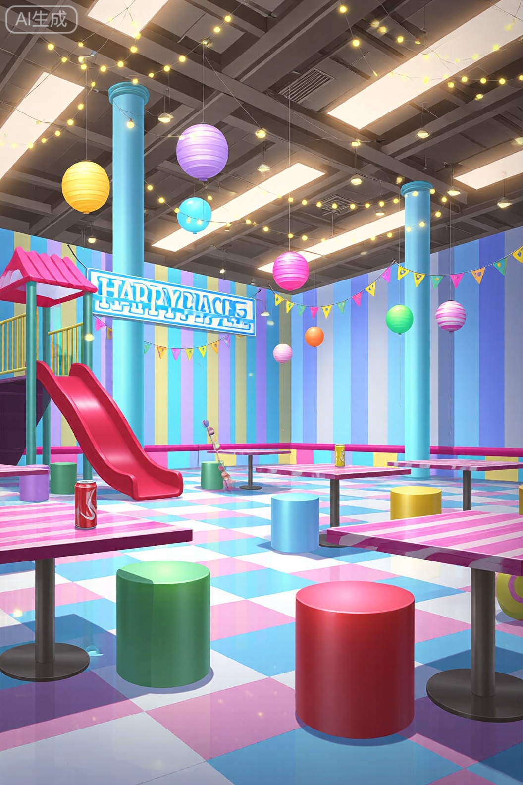 A vibrant and colorful indoor play area with a checkered floor, colorful walls, and a playful atmosphere. The room is filled with a variety of toys, including colorful balloons, a red slide, and several colorful pillars. There are also several tables and chairs scattered throughout the space, with a can of soda on one of one of the tables. A happy place sign is prominently displayed at the top of the image, adding a cheerful touch to the scene. the room is decorated with string lights and paper lanterns hanging from the ceiling, creating a warm and inviting ambiance. the overall color scheme is bright and cheerful, with shades of blue, pink, yellow, and green dominating the space.

camera_angle: from the front, art_style: digital illustration, location: indoor play space, background: brightly lit room with striped walls, decorative flags, and balloons, text: happy place, distance_to_camera: full body, clothing: NA, image_composition: center, pants: NA;NA, accessory: can;soda can, shoes: none;no, action: playing, facing_direction: facing viewer;facing viewer, eye_direction;looking at viewer, facial_expression: happy;happy, ear: no human;no human, gender: 1girl;1boy, hair_color: NA: NA and eye_color;NA