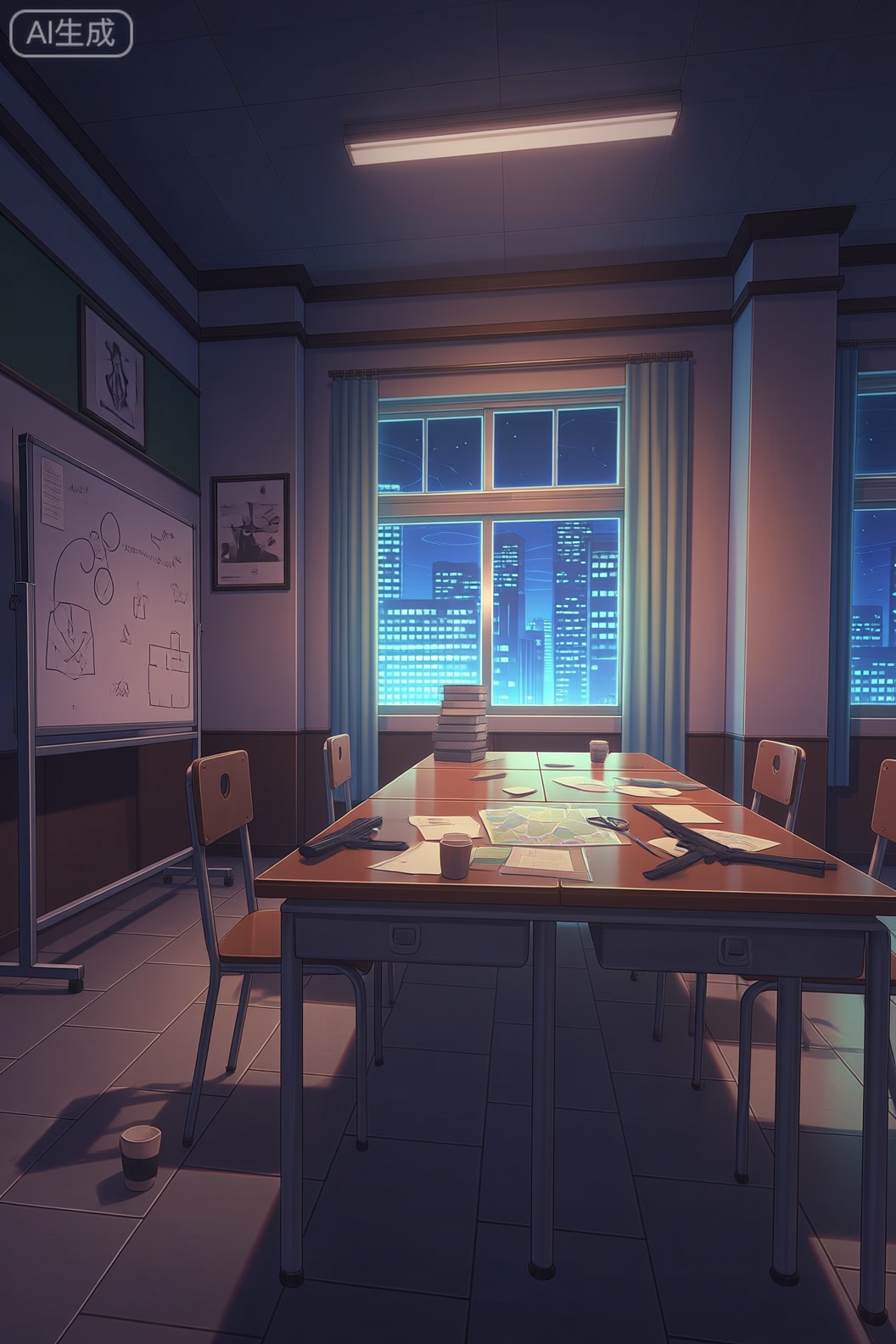 A digital illustration shoot from the side about a cozy, dimly lit room with a large window showing a cityscape at night. the room has a tiled floor and walls, with a whiteboard on the left side of the image displaying a drawing and notes. on the table in the center of the room, there are various items such as books, a map, a cup, a pen, a pair of scissors, and a few other items. there are two chairs around the table, and the room is illuminated by soft, warm lighting from the window. the walls are decorated with a framed picture and the floor is covered with a dark carpet. the overall atmosphere is cozy and inviting.

1girl, solo, indoors, looking at viewer, table, cup, weapon, window, curtains, desk, chair, gun, night, tile floor, whiteboard