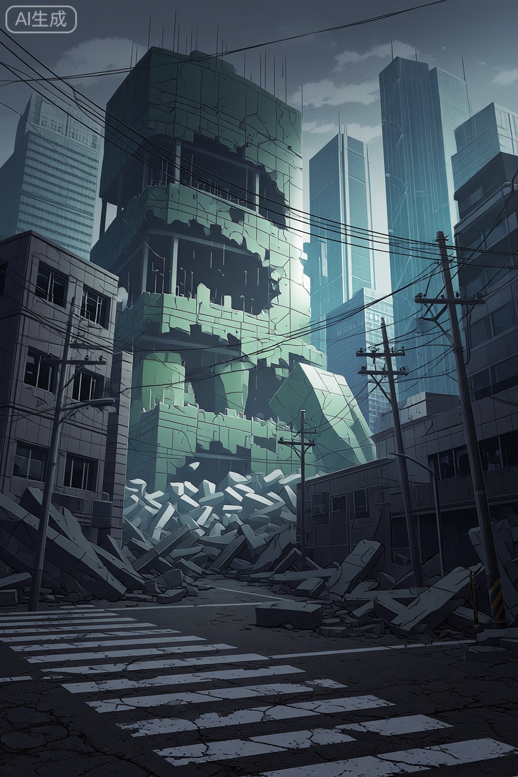 A futuristic cityscape with a post-apocalyptic theme, featuring a large, crumbling building in the middle of a city with tall skyscrapers in the background. the scene is set against a dark, cloudy sky, with a zebra crossing in the foreground. the building appears to be in a state of disrepair, with broken glass and crumbling walls, and is surrounded by power lines and utility poles. in the center of the image, there is a massive, green, metallic structure resembling a giant robot, standing amidst the ruins of the city. the overall atmosphere is one of destruction and chaos, with the destruction taking place in an urban setting.

1girl, solo, outdoors, sky, day, cloud, no humans, building, skyscraper, power lines, city, electricity pole, cracked, cityscape, building structure, power pole
