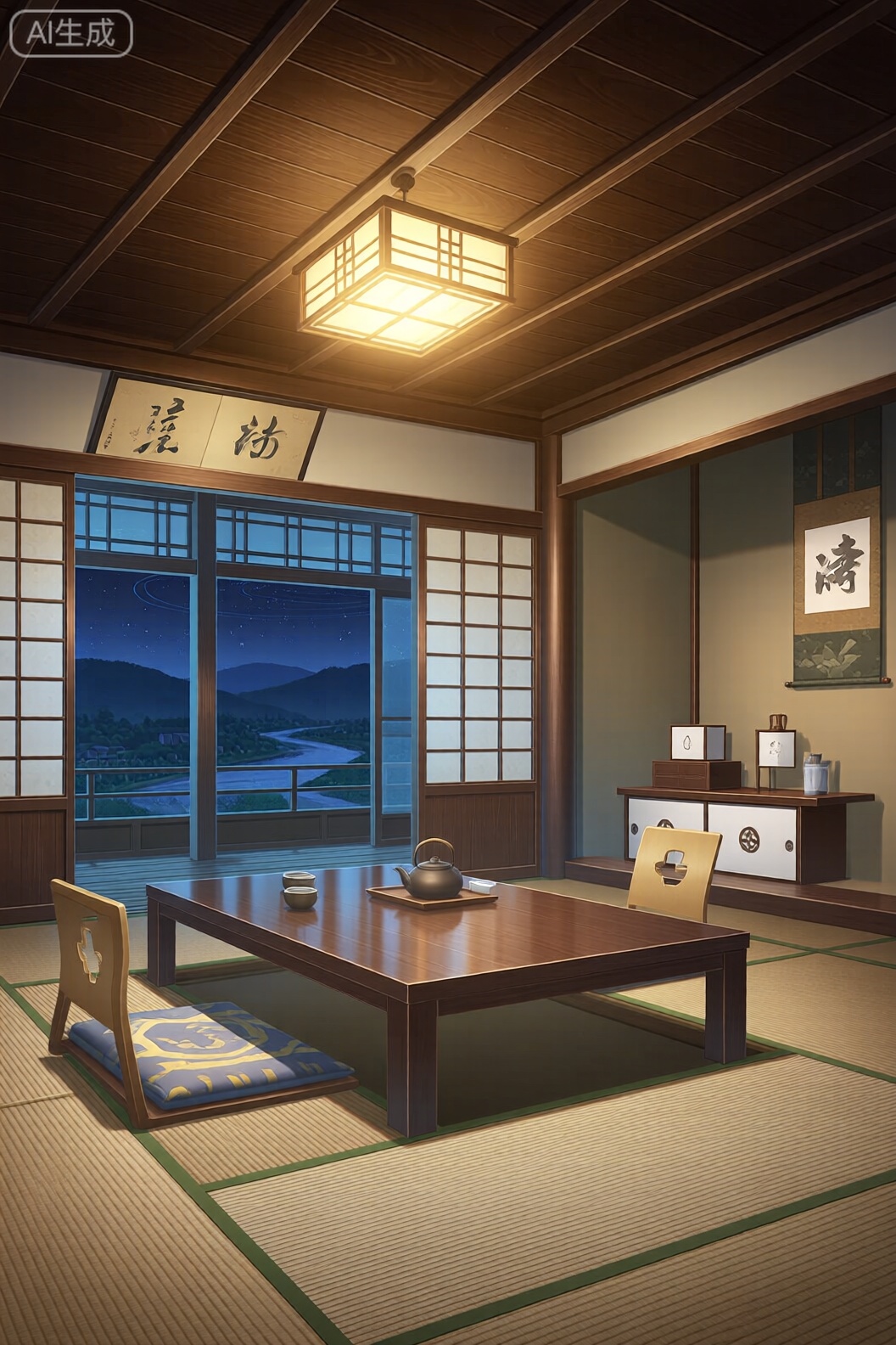 A digital illustration shoot from the front about a cozy japanese-style room with sliding doors and tatami mats, featuring a serene and peaceful atmosphere. the image also shows a wooden ceiling with wooden panels and a lantern hanging from it, creating a warm and inviting ambiance. on the center of the room, a wooden table with a teapot and cups sits on the tatama mat, surrounded by four wooden chairs. the room is decorated with traditional japanned furniture, including a sliding door that shows a scenic view of mountains and a river at night, and a wooden shelf with decorative items. the walls are adorned with japans, and the floor is covered with light-colored shaded mats, adding to the serene ambiance of the space. the atmosphere is peaceful and inviting, with a sense of relaxation and tranquility.

1girl, solo, indoors, chair, table, lantern, window, cup, night, chair back, table setting, lantern light, scenery, scenery through the sliding doors, tatamaki, japan, sliding doors
