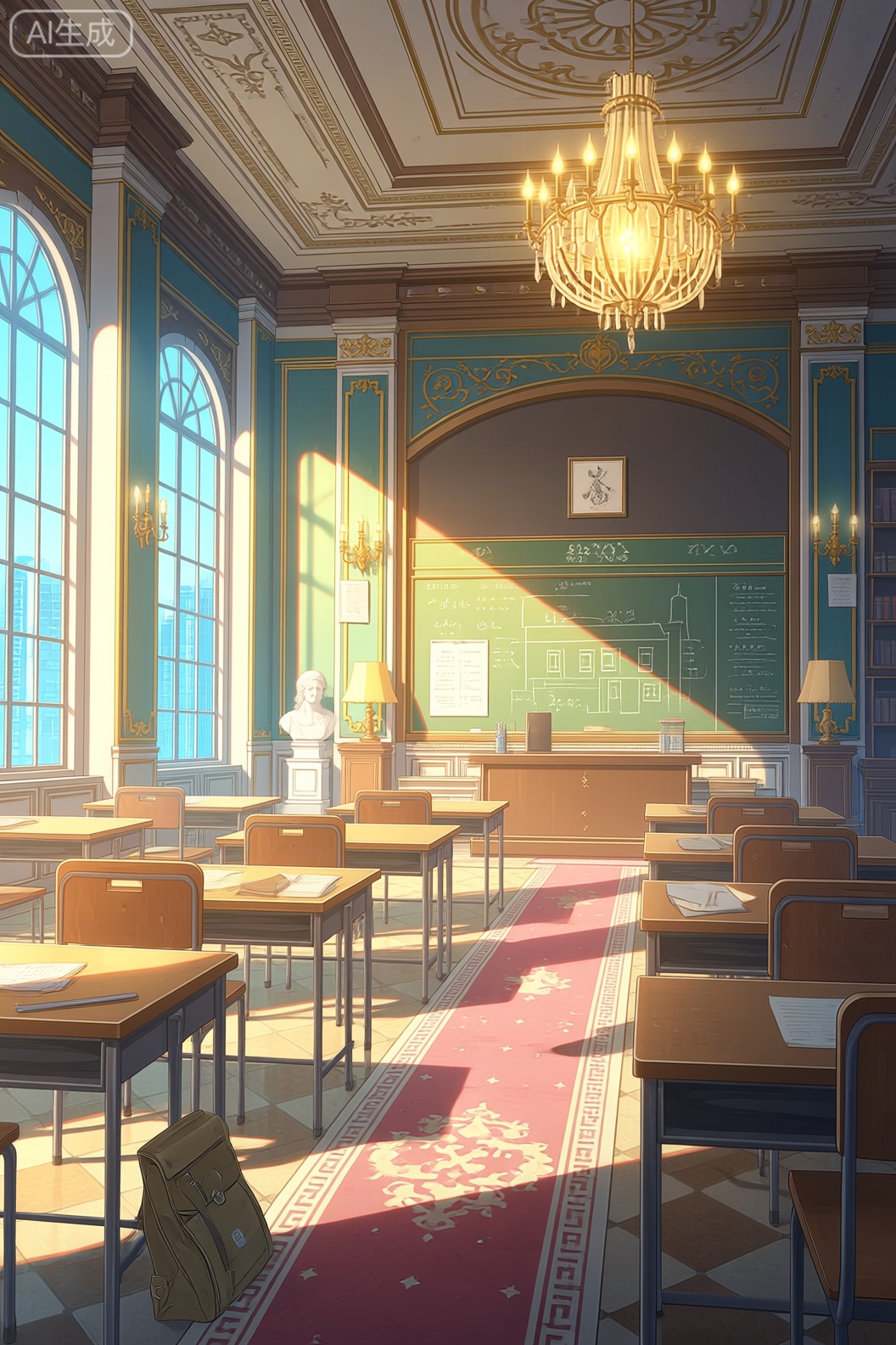A digital illustration shoot from the front about a cozy, elegant classroom with a grand chandelier and ornate decor. the image also shows a large chalkboard with writing on it, a bust of a woman, and various school supplies on the desks. on the left side of the image, there are large windows with blue tinted glass, allowing a view of a cityscape outside. the room is well-lit with warm, golden lighting, creating a cozy atmosphere. the walls are adorned with intricate carvings and the floor is tiled with a patterned rug. in the center of the room, there is a large, ornate gold-framed door that leads to another room. a whiteboard is visible in the background, with a drawing of a school scene on it. on both sides of the whiteboard, two lamps are placed, adding to the warm ambiance of the scene. a backpack is placed on one of the desks, adding a touch of schoolfulness to the otherwise cozy and inviting space.

1girl, solo, looking at viewer, indoors, bag, chair, bag on floor, window, table, bookshelf