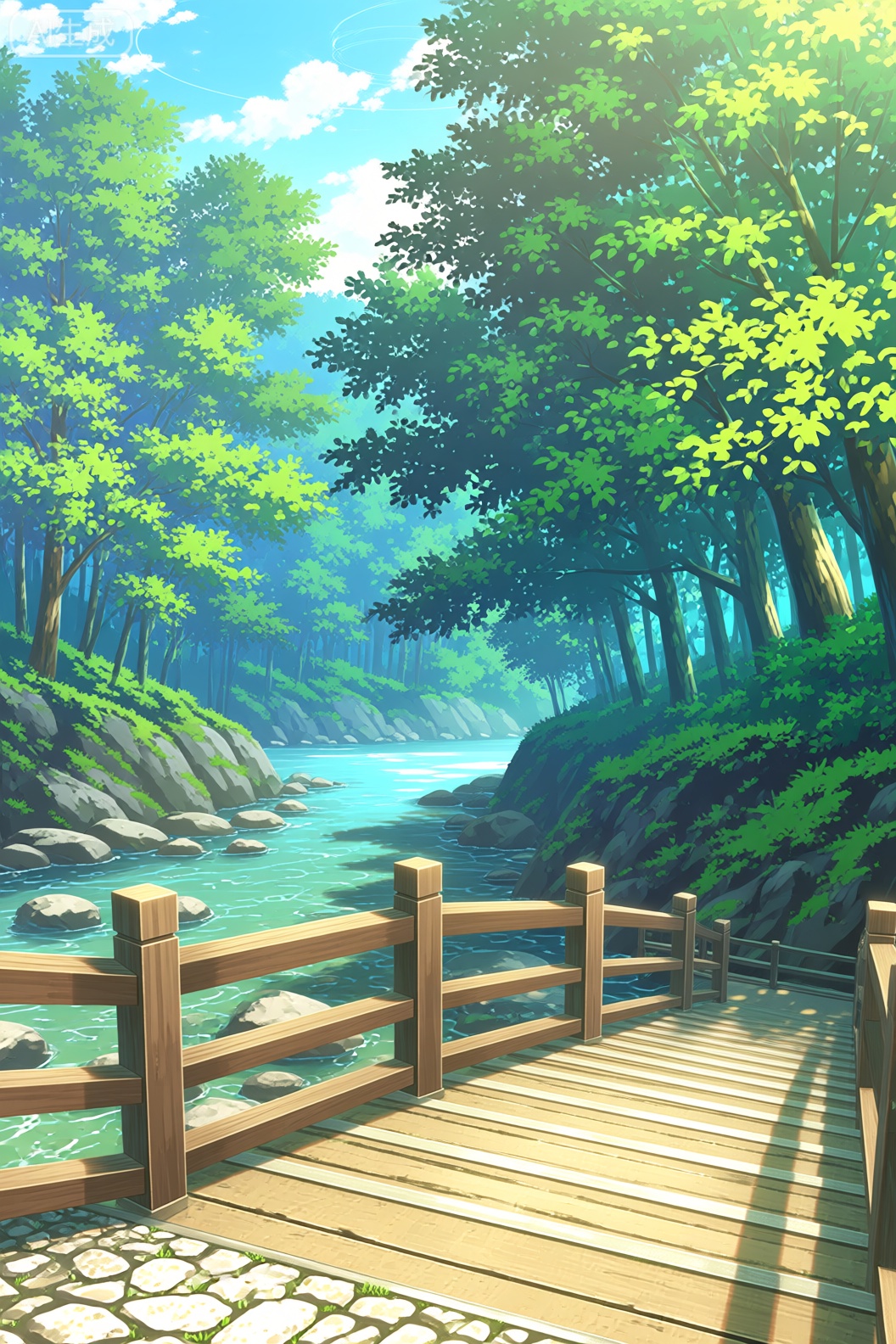 A serene digital illustration shoot from a birds eye view about a wooden bridge over a river in a lush green forest, with sunlight filtering through the trees. the image also shows a serene river with clear blue water and rocks along the banks. on the right side of the image, there is a wooden staircase leading down to the river. the bridge is made of light-colored wood and has a railing along the edges. the river is surrounded by dense green trees and rocks, creating a peaceful and tranquil atmosphere. the scene is bright and sunny, with a clear blue sky and fluffy white clouds in the background.

1girl, solo, outdoors, sky, day, cloud, blue sky, water, tree, stairs, grass, sunlight, stairs