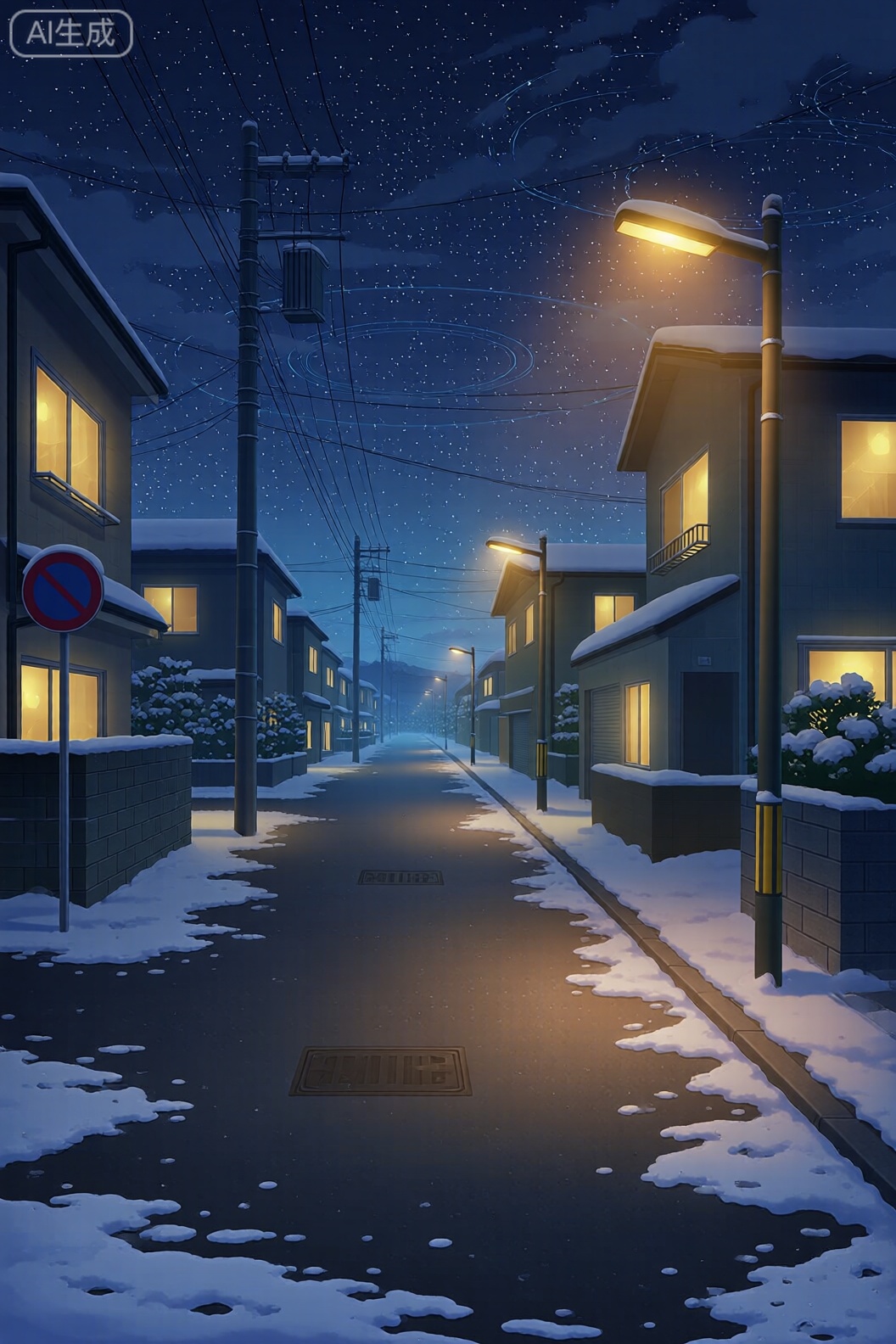 A digital illustration shoot from the side about a snowy street at night with streetlights illuminating the buildings. the scene is set in a suburban area with houses on both sides of the street. the street is empty, with snow on the ground and puddles of water on the pavement. on the left side of the image, a no parking sign is visible, and on the right side, a streetlight illuminates the buildings, casting a warm glow on the snow-covered ground. the night sky is filled with stars, creating a starry backdrop. the buildings have windows, and there are utility poles and power lines visible in the background. the overall atmosphere is peaceful and serene, with a sense of calmness and tranquility.

1girl, solo, outdoors, sky, cloud, no humans, night, building, street, cloudy sky, snow, road, utility pole, starry sky