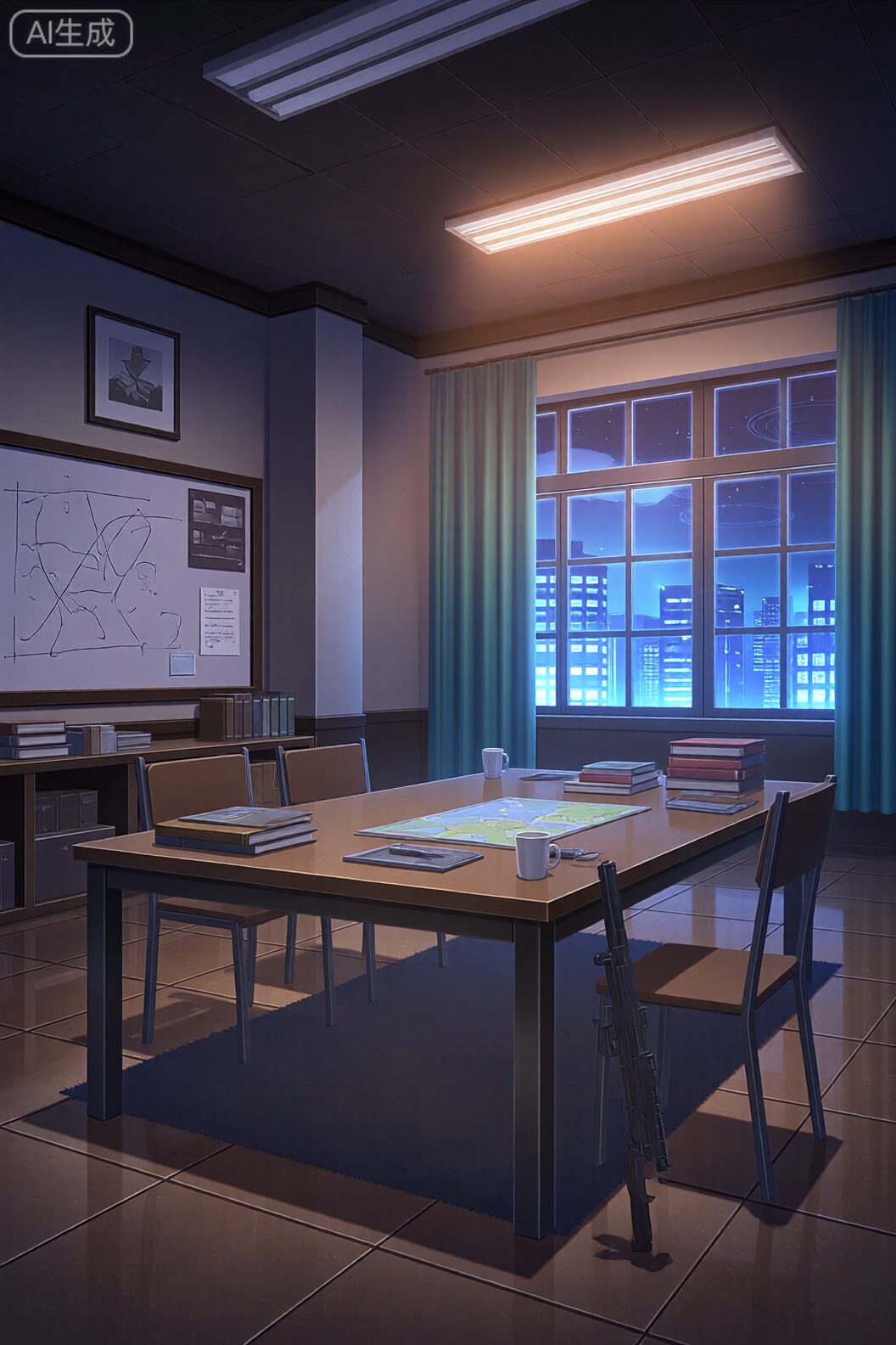A digital illustration shoot from the side about a cozy, dimly lit room with a large window showing a cityscape at night. the room has a tiled floor and walls, with a whiteboard on the left side of the image displaying a drawing and notes. on the table in the center of the room, there are various items such as books, a map, a cup, a pen, a pair of scissors, and a few other items. there are two chairs around the table, and the room is illuminated by soft, warm lighting from the window. the walls are decorated with a framed picture and the floor is covered with a dark carpet. the overall atmosphere is cozy and inviting.

1girl, solo, indoors, looking at viewer, table, cup, weapon, window, curtains, desk, chair, gun, night, tile floor, whiteboard