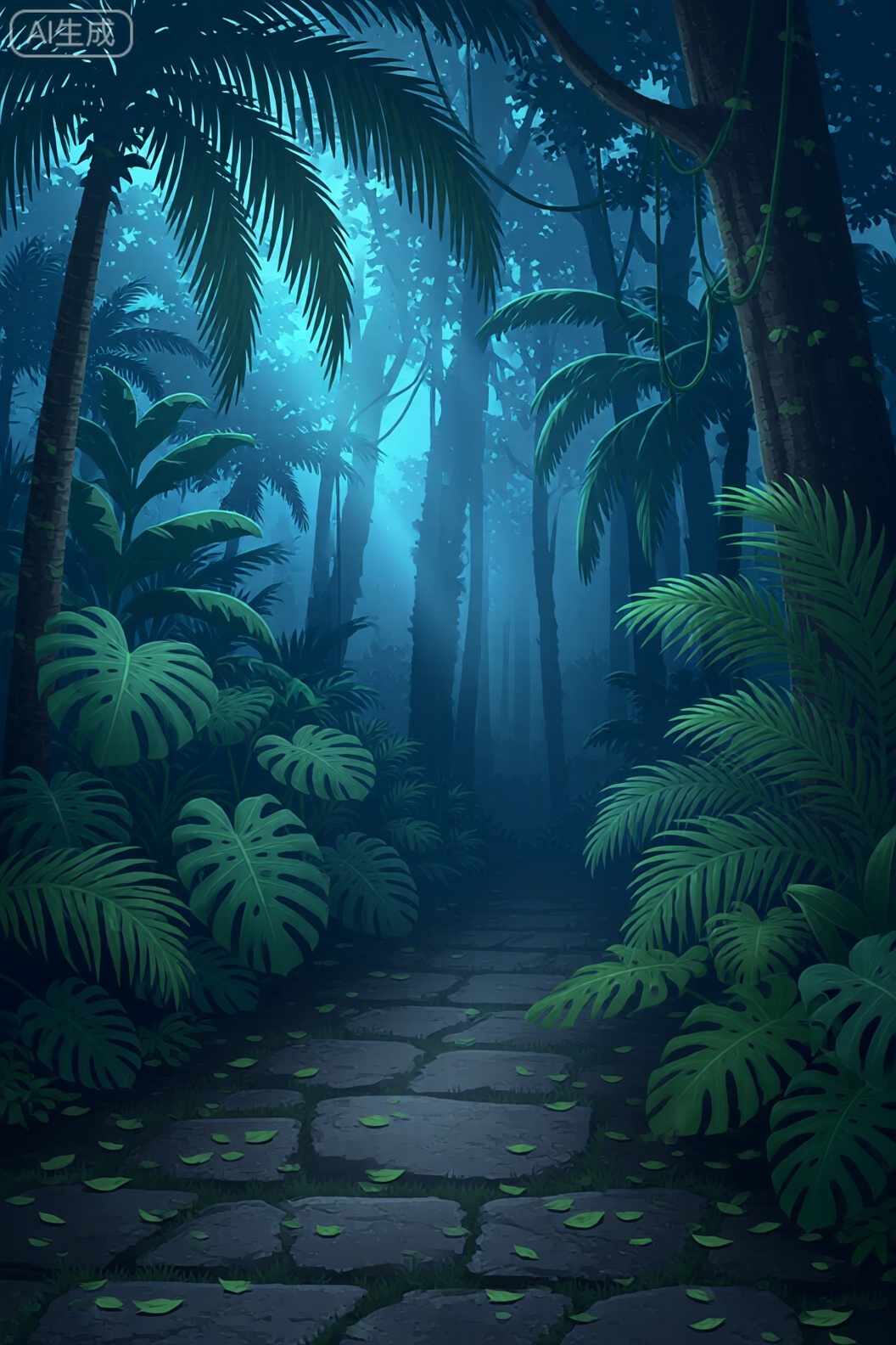 A digital illustration shoot from a far camera angle about a mystical forest scene with a path winding through lush greenery and illuminated by a soft, ethereal light source. the image also shows a dense jungle with various plants and trees, including palm trees, ferns, and monstera deliciosa, as well as scattered leaves on the ground. on the right side of the image, a single light beam illuminates the scene, casting a mystical glow over the foliage. the scene is set in a dimly lit environment, with a stone path in the middle, surrounded by dense foliage with a mix of tropical and exotic elements. the atmosphere is mysterious and ethereal, with the blue light filtering through the trees, creating a sense of depth and mystery.

1girl, solo, outdoors, tree, leaf, no humans, nature, plant, leaf texture, forest, path, plant focus, nature background, leaf on ground