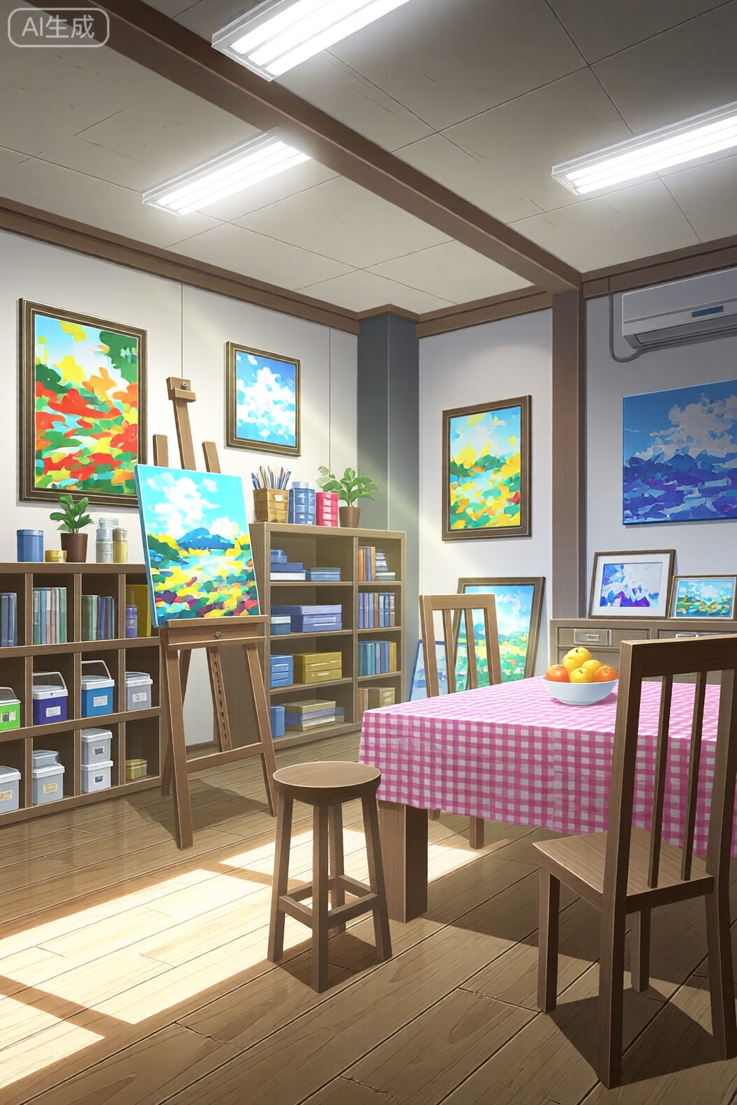 A digital illustration shoot from the front about a cozy art studio with various art supplies and paintings on display. the image also shows a well-lit room with wooden floors, shelves filled with art supplies, and a table covered with a pink and white checkered tablecloth. on the center of the room, there is a wooden easel with a painting on it, a wooden chair, a small table with a bowl of fruit, and several paintings on the walls. the room has a modern, minimalist design with clean lines and bright lighting. the walls are painted in a neutral color, and the floor is made of light-colored wood.

1girl, solo, sitting, food, indoors, chair, table, window, bowl, fruit, stool, painting, wooden floor, stool stool, tablecloth, bookshelf, potted plant, painting on easel, easel
