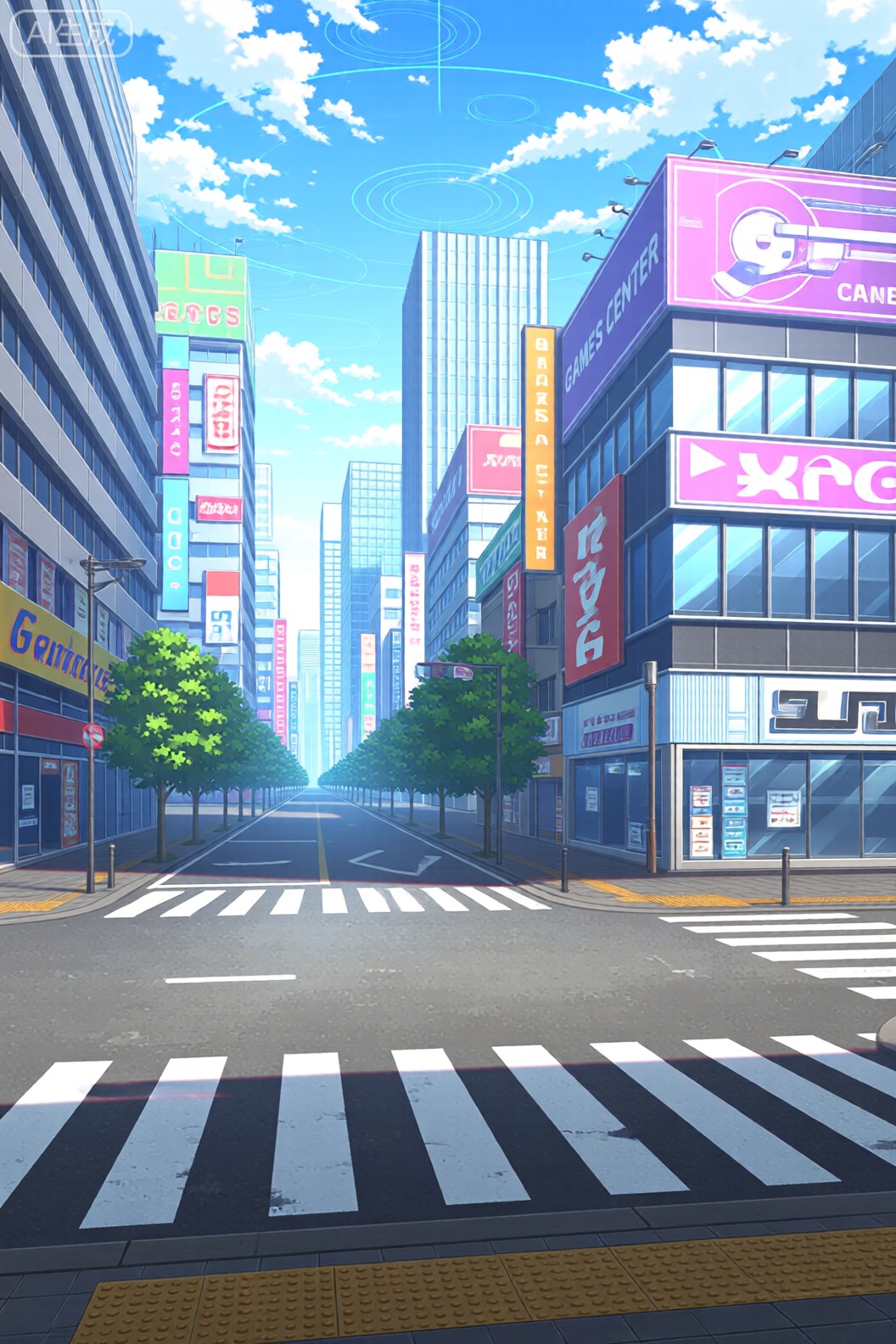 A digital illustration shoot from a perspective perspective about a futuristic cityscape with tall buildings and colorful signs, set against a bright blue sky with fluffy white clouds. the image also shows a city street with a zebra crossing in the foreground and a cityscape in the background. on the left side of the image, there are tall buildings with colorful signs and signage, including games center and association. on the right side, there is a building with a large shooting sign. the scene is bustling with activity, with a clear blue sky and a few clouds scattered throughout.

1girl, solo, outdoors, sky, day, cloud, blue sky, tree, building, street, cloudy sky, scenery, architecture, building facade, scenery background, city, architecture details, building design, cityscape