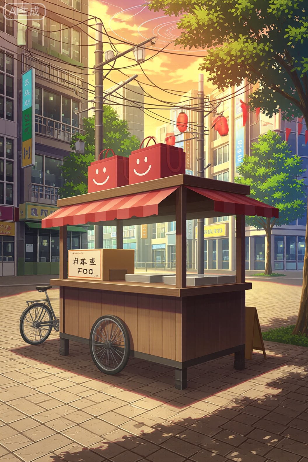 A vibrant digital illustration shoot from a side camera angle about a street scene featuring a food cart in a city setting during sunset. the image also shows a bustling city street with tall buildings, colorful signs, and trees. on the center of the image, a small wooden stall with a red awning and a sign that reads japanese food is visible. the stall is situated on a cobblestone street, with a bicycle parked in front of it. on top of the stall, two red bags with a smiley face are hanging, adding a playful touch to the scene. the scene is illuminated by warm, golden light from the setting sun, casting shadows on the ground.

solo, smile, food, outdoors, sky, tree, cup, plate, window, building, lantern, food stall, tiled floor, street, signage, building facade, lantern