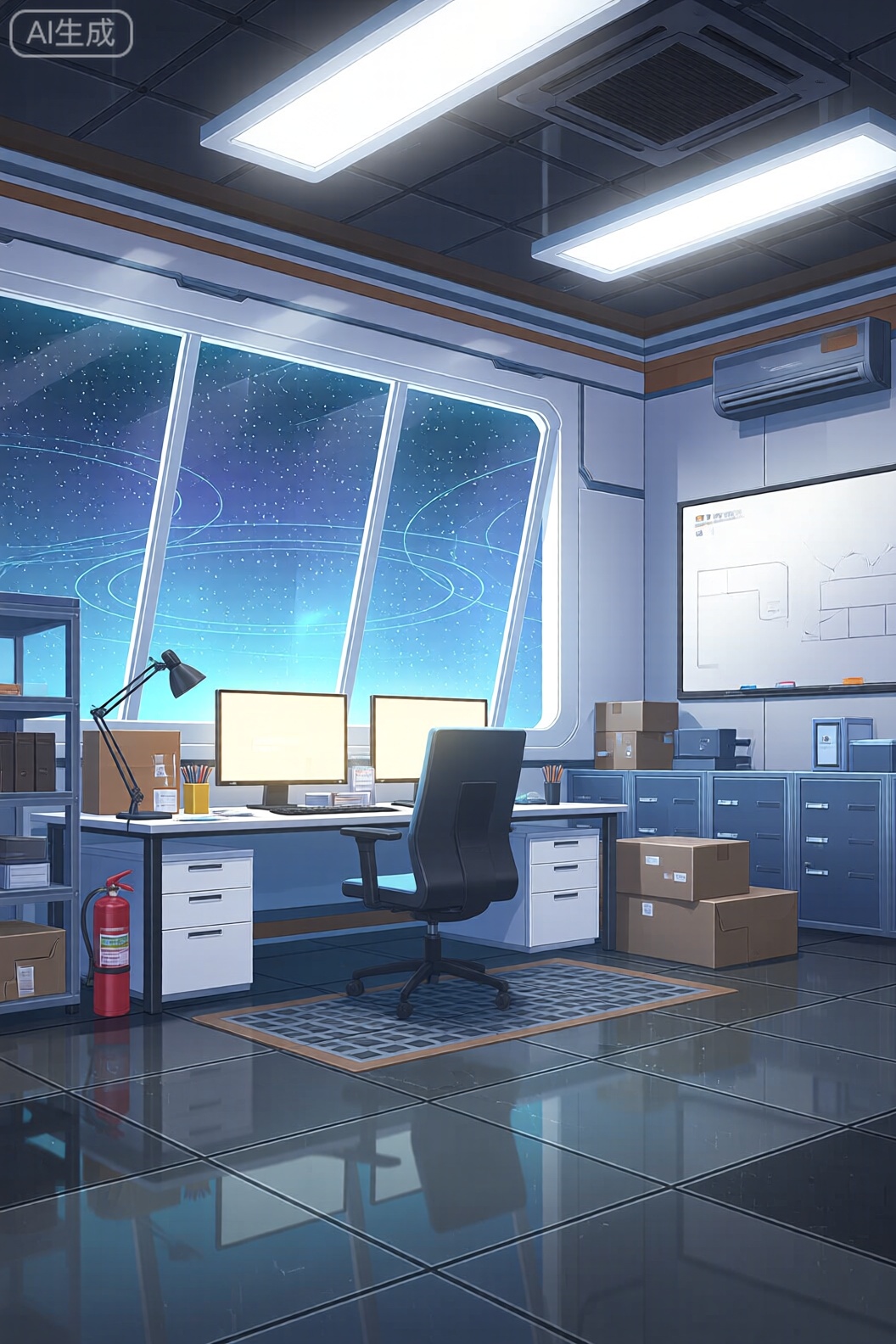 A digital illustration shoot from the front about a futuristic office interior with a futuristic design featuring a large window showing a starry night sky. the image also shows a modern office space with a sci-fi theme. on the middle of the image, a desk with two computer monitors, a chair, and various office supplies such as pens, pencils, and a lamp. the desk is situated in the center of the room, with a fire extinguisher on the left side. the room is filled with various items such as cardboard boxes, a whiteboard, and shelves with various tools. the floor is tiled with a geometric pattern, and the walls are painted in a combination of white and blue tones. the lighting is bright and even, casting a warm glow on the office space. the overall atmosphere is sleek and modern, with an industrial feel.

camera_angle: from front, art_style: digital illustration, location: office space, background: large windows showing a night sky with stars visible outside, text: NA, image_composition: middle, clothing: office furniture, hair_color: blue, distance_to_camera: full body, hair style: NA;NA, facial_expression: neutral, action: sitting at a desk;standing, accessory: NA: NA/NA, pants: black office chair;white office chair, eye_direction: looking at viewer;looking at viewer, race: light skin;light skin, shoes: black swivel chair;black office chair