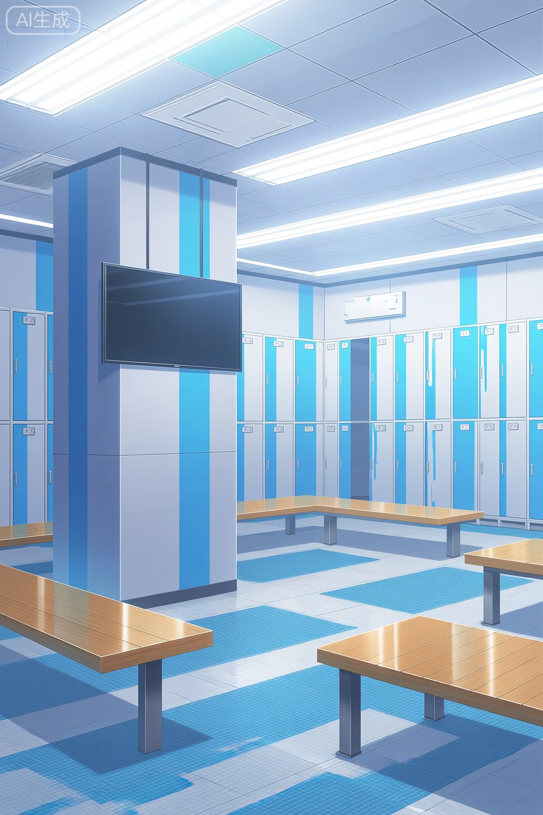A realistic digital illustration of a modern, brightly lit locker room with blue and white striped walls and wooden furniture. the room is well-lit with fluorescent lights, and features a large flat-screen tv mounted on the wall above the lockers. The lockers are arranged in a row, with wooden benches on either side, and a blue carpet on the floor. the walls are made of glass, and the floor is covered with a light-colored carpet. the overall design is clean and minimalistic, with a focus on the bright and airy atmosphere of the locker room.

1girl, solo, sitting, indoors, chair, blue carpet, window, bench, television, blue walls, ceiling, tiles, tiles on wall, locker, wooden bench, locker room