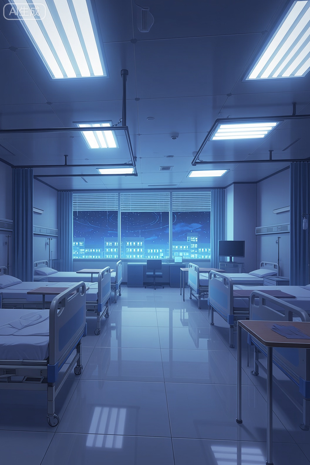 A realistic digital illustration shoot from the side about a futuristic hospital room at night with a starry sky visible through large windows. the image also shows a dimly lit hospital room with multiple beds, a desk, and a monitor. on the left side of the image, there are several hospital beds with white linens, and on the right side, there is a bedside table. the room has a tiled floor, and the walls are painted in a light blue color. the ceiling is adorned with fluorescent lights, and there are large windows that show a cityscape at night. the overall atmosphere of the room is cool and futuristic.

1girl, solo, indoors, window, curtains, bed, night, floor, bed sheet, window blinds, curtains to window, hospital room, star \(sky\), hospital room
