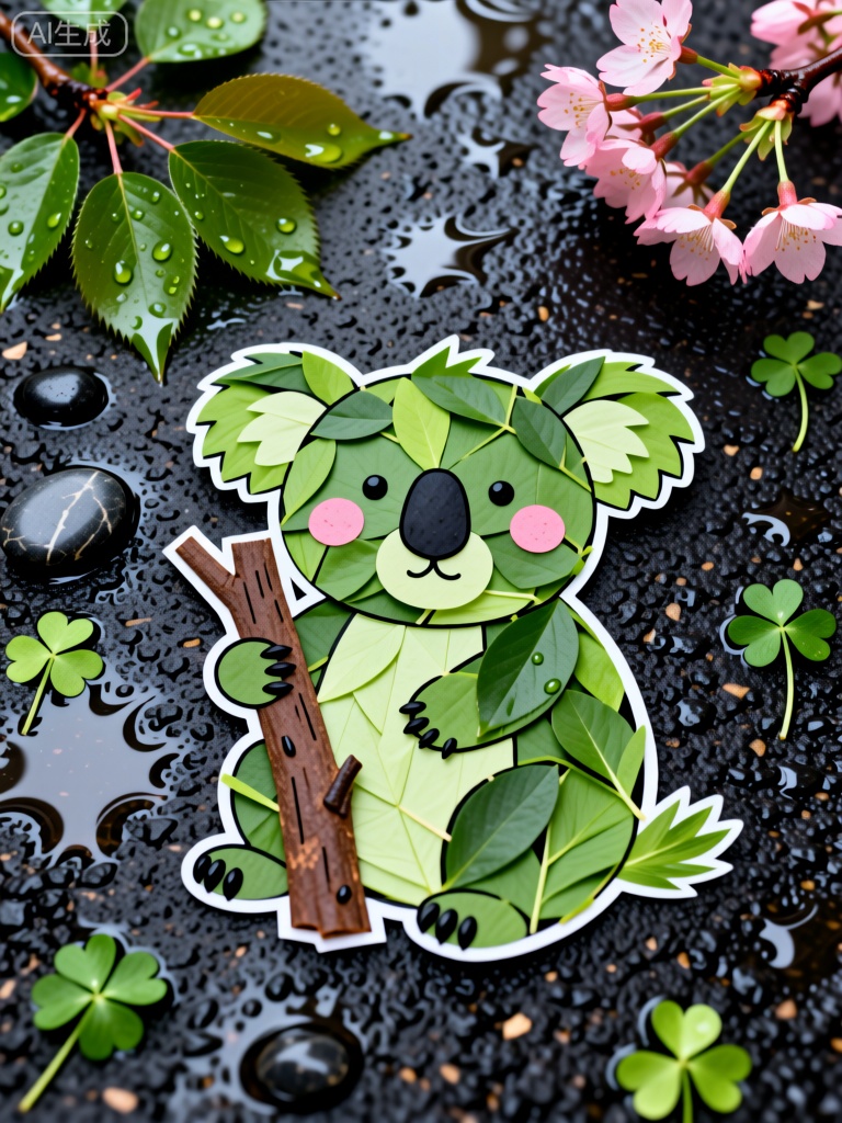 Fallen leaves, , artistic whimsical koala, natural elements, wet dark asphalt, rainwater puddles, green parsley leaves, lighter green ears, small black stones, larger oval stone, delicate black line, pink circular cheeks, brown tree branch, dark seeds claws, white paper outline, fresh green leaves, water droplets, clover leaves scattered, pink cherry blossoms, springtime ambiance, creativity with nature, playful serene moment