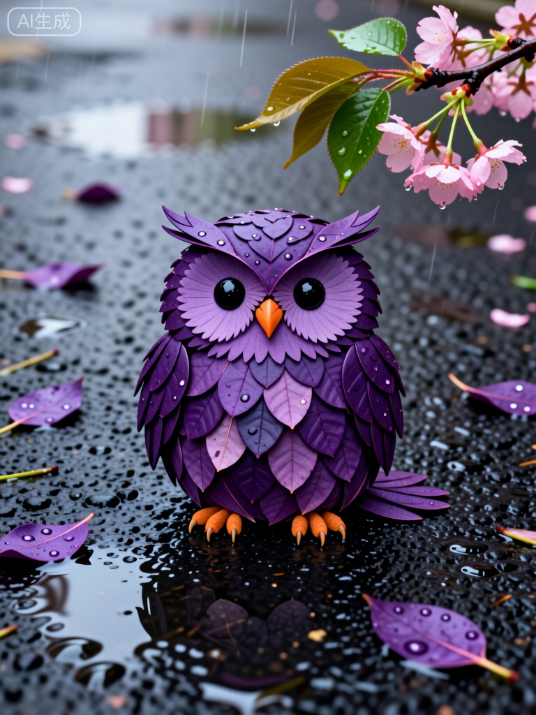 Fallen leaves, , whimsical owl, natural elements, dark wet asphalt, rain puddles, purple leaves body, layered overlapping, deep violet plum, textured feathers, rounded head leaf, black bead eyes, orange leaf beak, delicate leaf wings, warm orange feet, scattered purple leaves, water droplets, post-rain ambiance, cherry blossoms, soft pink flowers, green leaves, springtime beauty, vibrant colors, dark reflective ground, serene artistic, natures creativity
