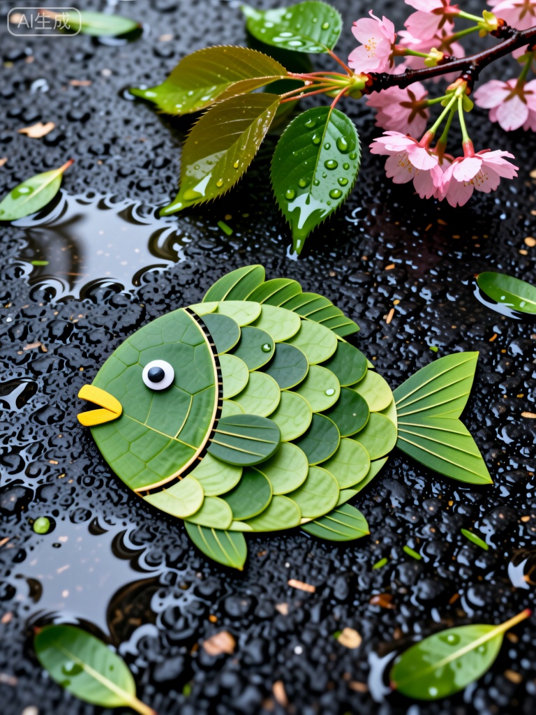 Fallen leaves, , whimsical leaf fish, wet dark asphalt, rainwater puddles, intricate leaf assembly, scale-like pattern, broad leaf head, googly eye charm, small yellow mouth, pink cherry blossoms, fresh green leaves, glistening water droplets, vibrant greenery, dark textured pavement, striking visual effect, artistry with nature
