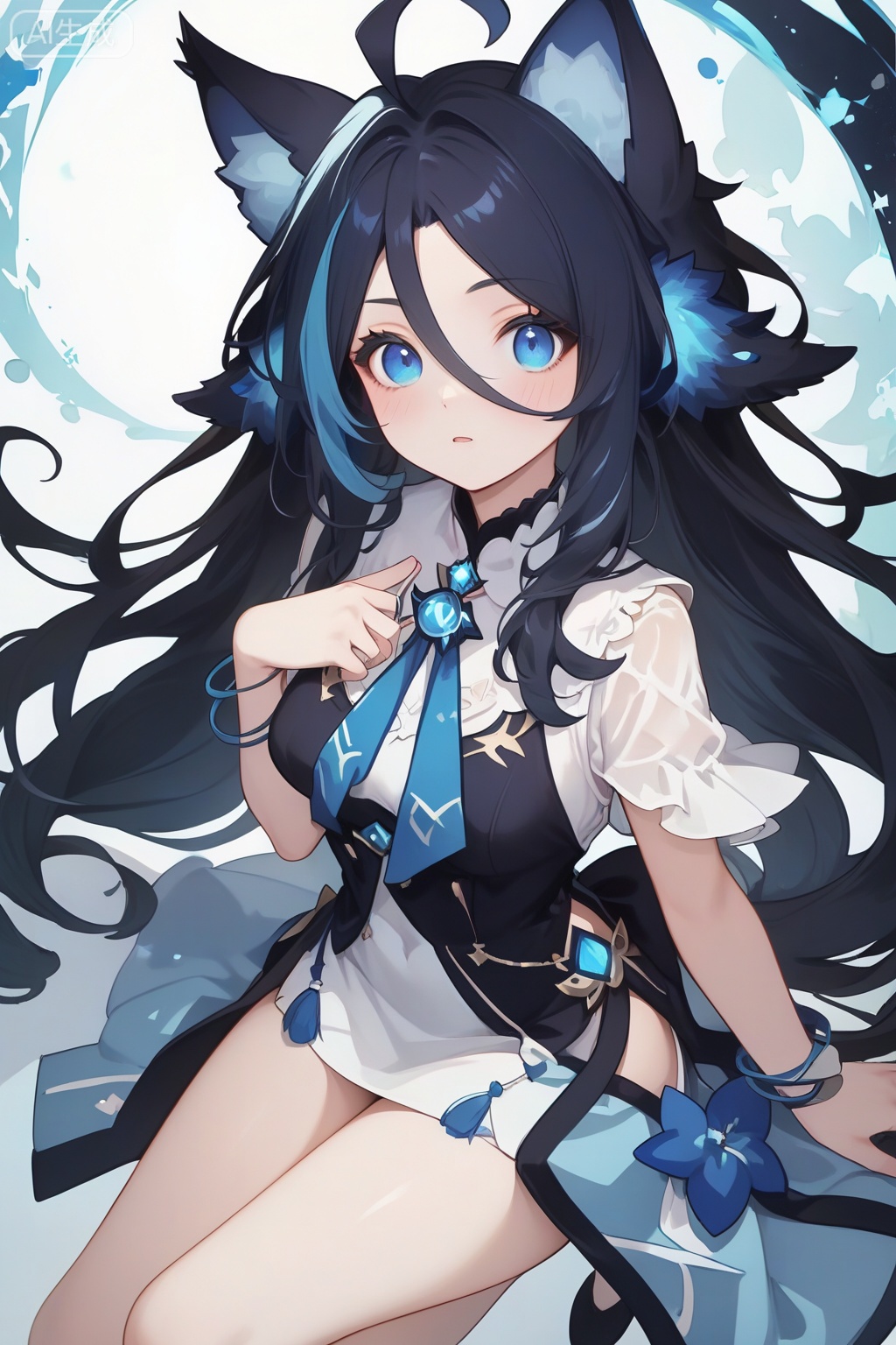 score_9,score_8_up,score_7_up,1girl,looking at viewer,solo,long hair,blue eyes,black hair,dress,blue hair,jewelry,very long hair,blue hair,streaked hair,ahoge,cat ears,multicolored hair,animal ear fluff,fingers,thighs,from above,spread legs