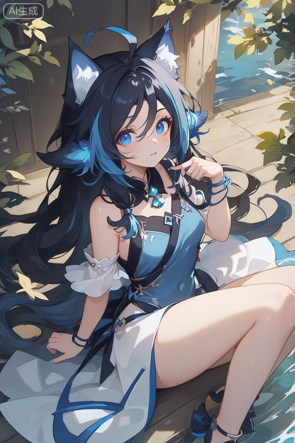 score_9,score_8_up,score_7_up,1girl,looking at viewer,solo,long hair,blue eyes,black hair,dress,blue hair,jewelry,very long hair,blue hair,streaked hair,ahoge,cat ears,multicolored hair,animal ear fluff,fingers,thighs,from above,spread legs