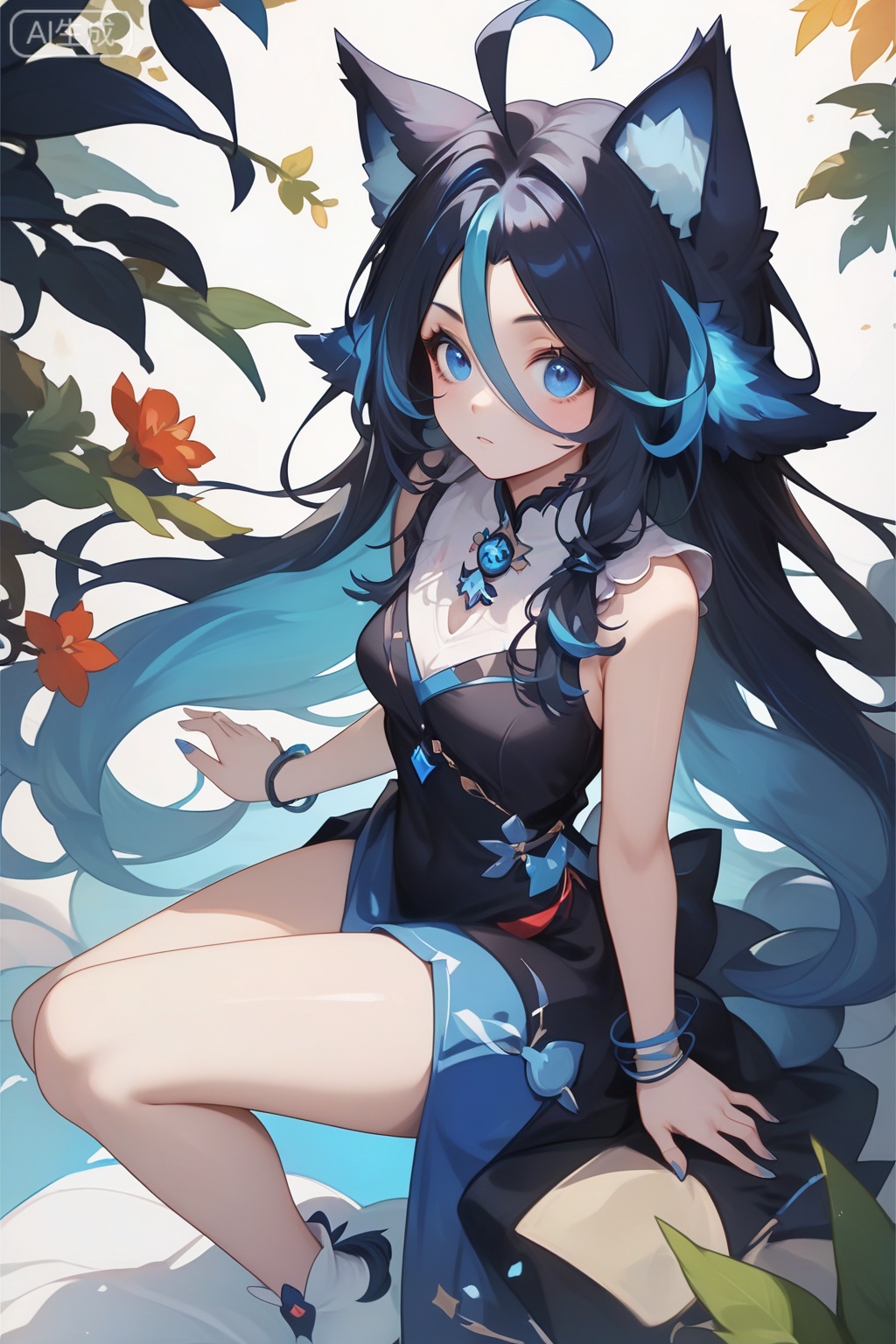 score_9,score_8_up,score_7_up,1girl,looking at viewer,solo,long hair,blue eyes,black hair,dress,blue hair,jewelry,very long hair,blue hair,streaked hair,ahoge,cat ears,multicolored hair,animal ear fluff,fingers,thighs,from above