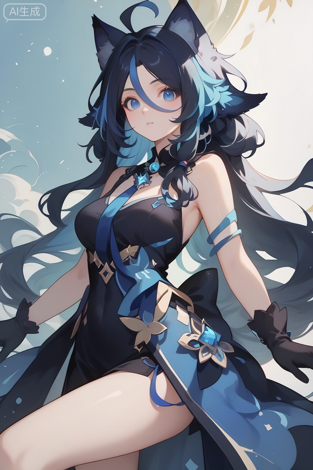 score_9,score_8_up,score_7_up,1girl,looking at viewer,solo,long hair,blue eyes,black hair,dress,blue hair,jewelry,very long hair,blue hair,streaked hair,ahoge,cat ears,multicolored hair,animal ear fluff,gloves,fingers,thighs