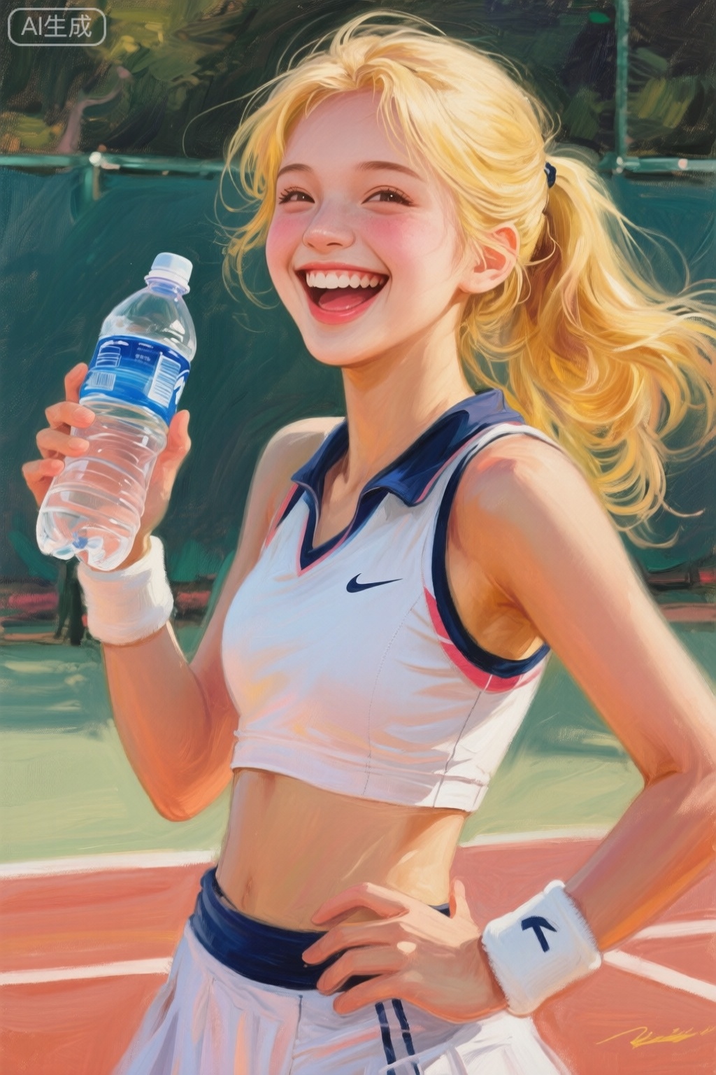 传统油画风,金发女孩开朗的笑着,穿着网球服,手里拿着矿泉水,活力十足