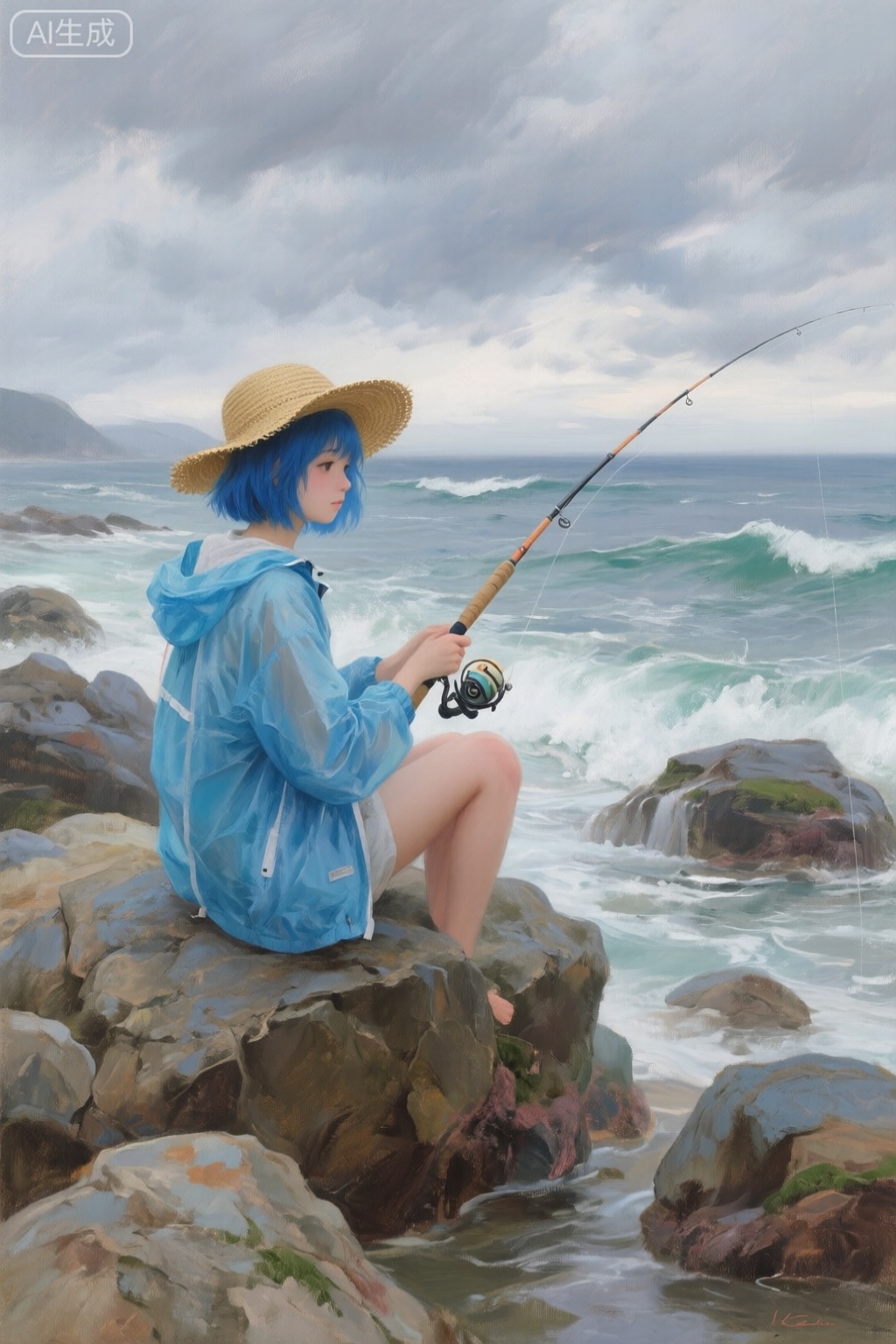 传统油画风,蓝色短发的少女坐在海边岩石上钓鱼,草帽,防晒外套,阴天,多云,海浪,海边,礁石,