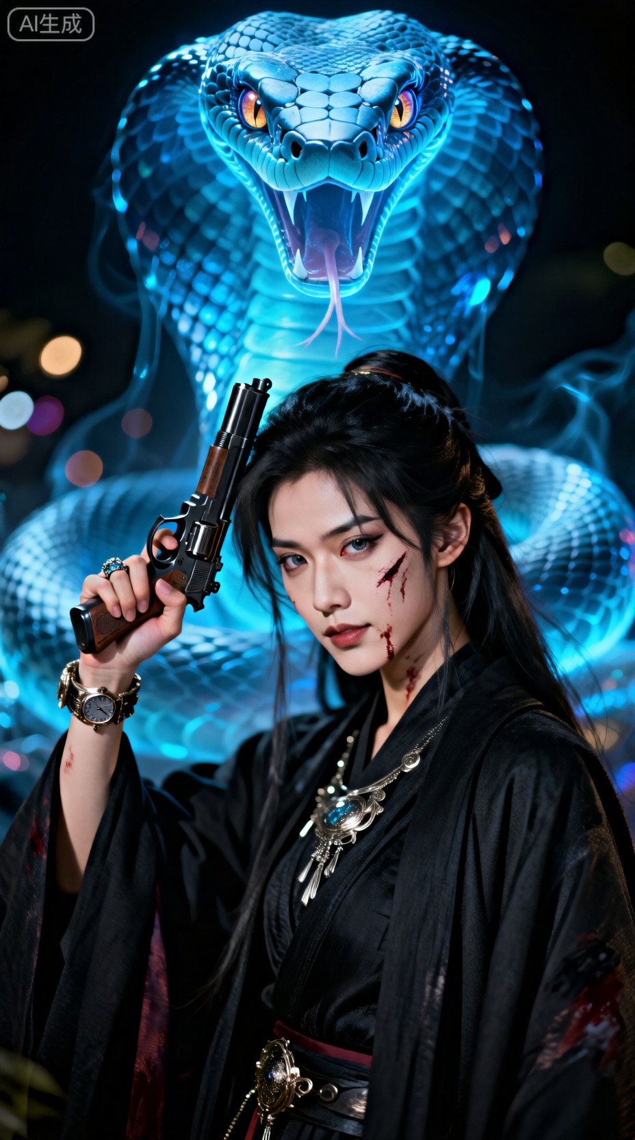 超写实写真摄影,东方美学,强烈的明暗对比,超高清,垂坠感,清冷感,面部特写,最高画质,远景特写呈现出巨大蛇幽灵虚影幻化蓝色超亮质感,呈现神秘法相形态,超极致细节效果感,眼部瞳孔极致细节细腻视觉效果感,随机生成人物动作姿态变化视觉效果感,随机生成环境场景视觉效果感,真实质感视觉效果, 近景为东方美学人物cos,强烈的明暗对比,超高清,垂坠感,清冷感,灰色眼睛,黑色柔顺的散落在肩膀,穿着黑色服装,佩戴金属装饰,手上佩戴一个高级感手表。佩戴戒指,高低肩,拿手枪手枪从左侧抵住自己的脑袋,迷离眼神,面带温柔的笑容,脸上溅血,披着大衣,柔焦处理的高斯模糊效果,明暗交错的戏剧性光影,虚实结合的构图张力,35mm胶片模拟,大光圈浅景深,档曝光补偿控制暗部细节,双色温闪光灯布光,背景光斑虚化处理,彩色光斑,高质量,写实逼真,艳丽色彩,真实人物比例,细腻渲染,比例9:16。