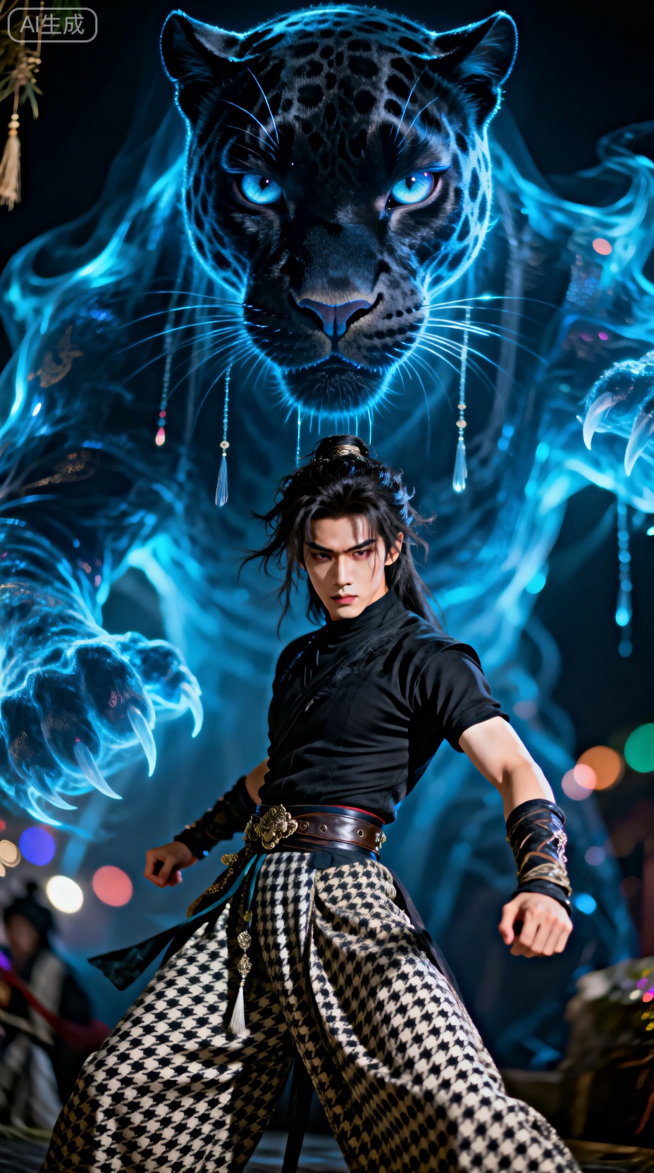 超写实写真摄影,东方美学,强烈的明暗对比,超高清,垂坠感,清冷感,面部特写,最高画质,远景特写呈现出巨大黑豹幽灵虚影幻化蓝色超亮质感,呈现神秘法相形态,超极致细节效果感,眼部瞳孔极致细节细腻视觉效果感,随机生成人物动作姿态变化视觉效果感,随机生成环境场景视觉效果感,真实质感视觉效果, 近景为东方美学人物cos,强烈的明暗对比,超高清,垂坠感,清冷感,透射,景深,自由构图,光影交错,帅哥,冷酷,高细节,凌乱的头发, 腰封,皮带,繁复穿搭,黑色紧身短袖,阔腿休闲千鸟格印花长裤,随机动作,柔焦处理的高斯模糊效果,明暗交错的戏剧性光影,虚实结合的构图张力,35mm胶片模拟,大光圈浅景深,档曝光补偿控制暗部细节,双色温闪光灯布光,背景光斑虚化处理,彩色光斑,高质量,写实逼真,艳丽色彩,真实人物比例,细腻渲染,比例9:16。