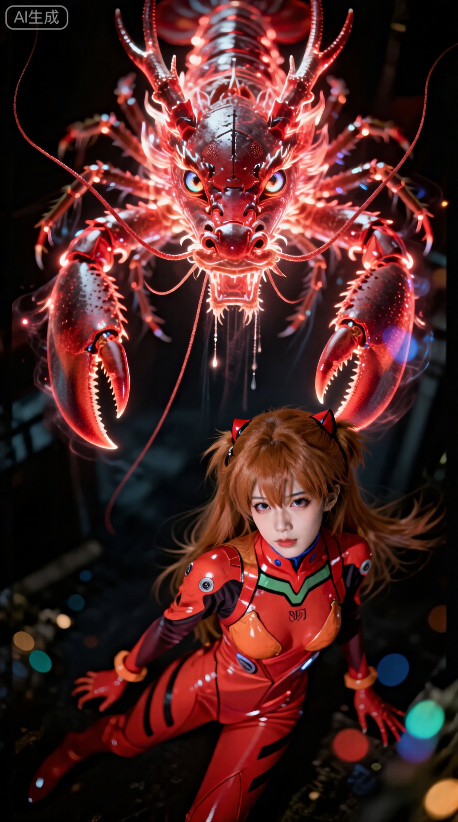 超写实写真摄影,东方美学,强烈的明暗对比,超高清,垂坠感,清冷感,面部特写,最高画质,远景特写呈现出非常巨大光粒子构成的龙虾幽灵虚影幻化红色超亮质感,占据整个画面,呈现神秘法相形态,超极致细节效果感,眼部瞳孔极致细节细腻视觉效果感,随机生成人物动作姿态变化视觉效果感,随机生成环境场景视觉效果感,真实质感视觉效果, 近景为东方美学人物cos,强烈的明暗对比,超高清,清冷感,故事感,《新世紀福音戰士》明日香。明日香紅色戰衣。欲的表达、真实光影、真实渲染、俯视视角、经典造型、手部特寫,人物动作自然、角色扮演、全身像,柔焦处理的高斯模糊效果,明暗交错的戏剧性光影,虚实结合的构图张力,35mm胶片模拟,大光圈浅景深,档曝光补偿控制暗部细节,双色温闪光灯布光,背景光斑虚化处理,彩色光斑,高质量,写实逼真,艳丽色彩,真实人物比例,细腻渲染